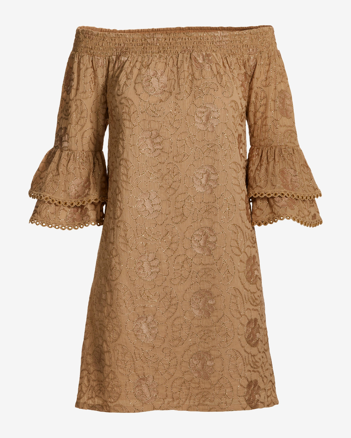 Metallic Woven Off The Shoulder Shift Dress Tan/Gold