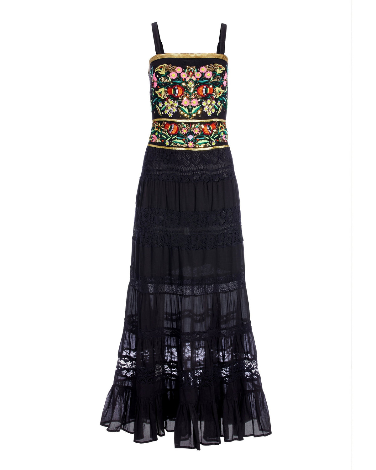 Sequin and Embroidered Lace Inset Maxi Black Multi