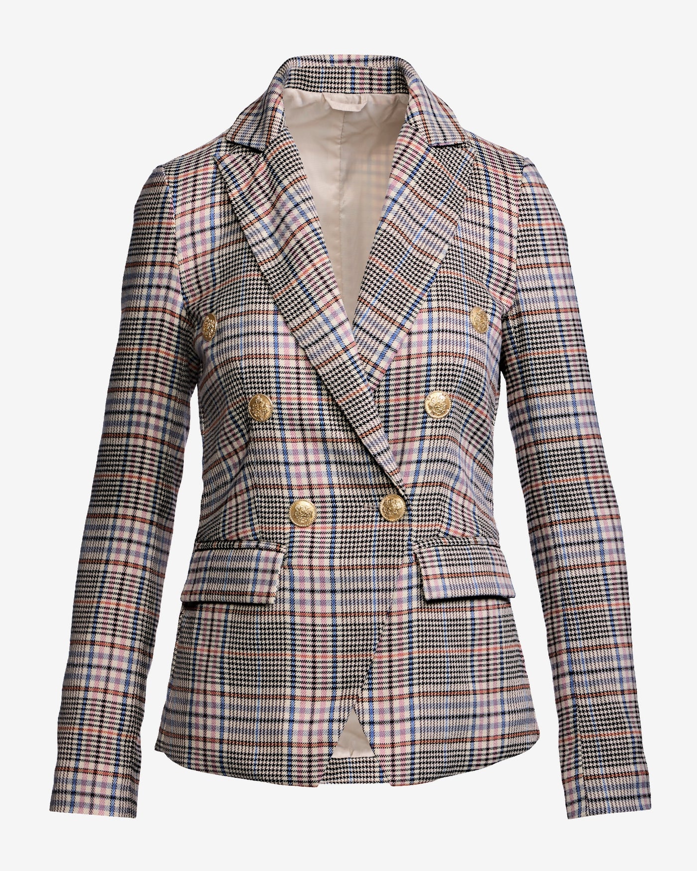 Chic Plaid Double Breasted Blazer Ivory Multi