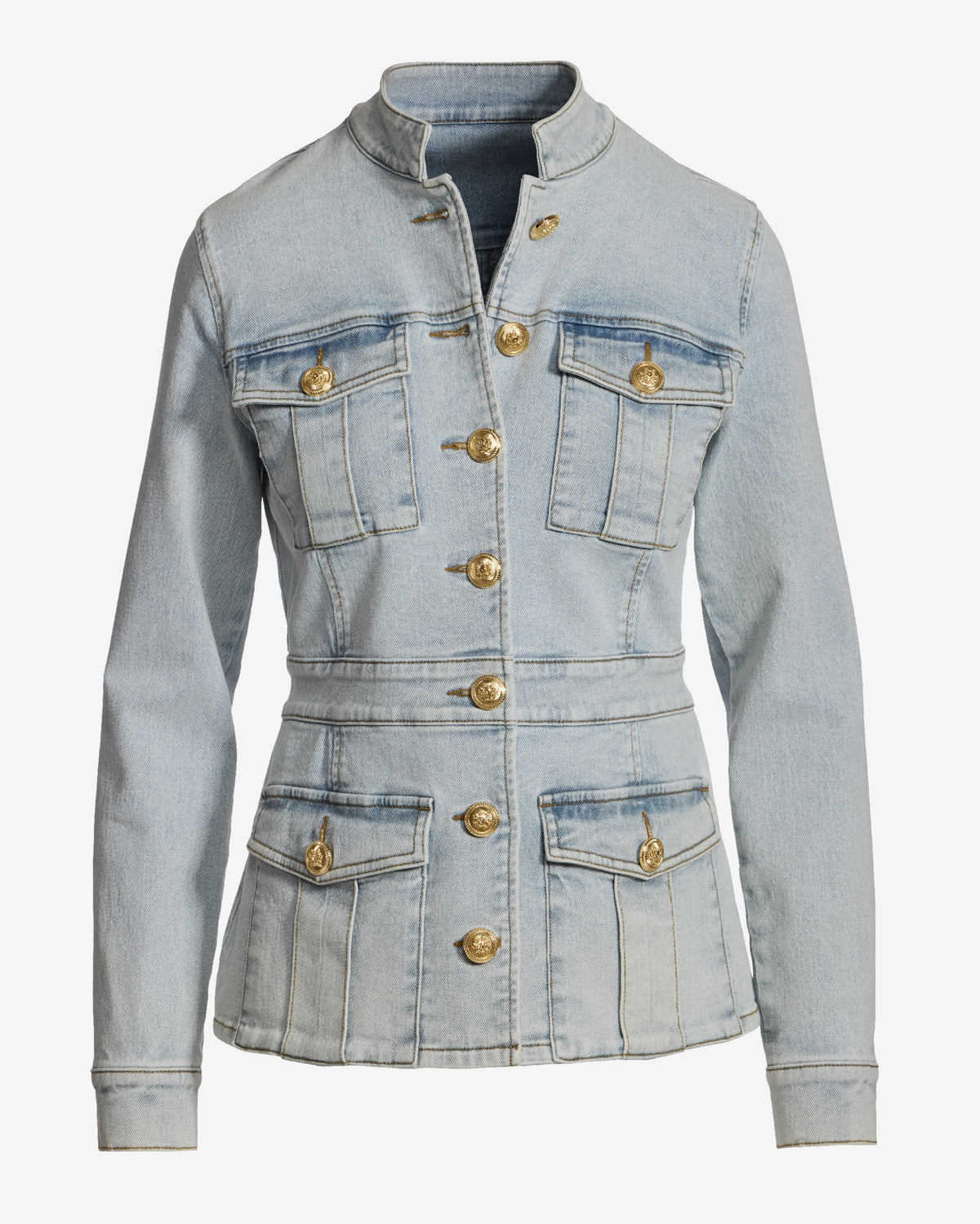 Crest Button Stretch Denim Luxe Utility Jacket Light Wash
