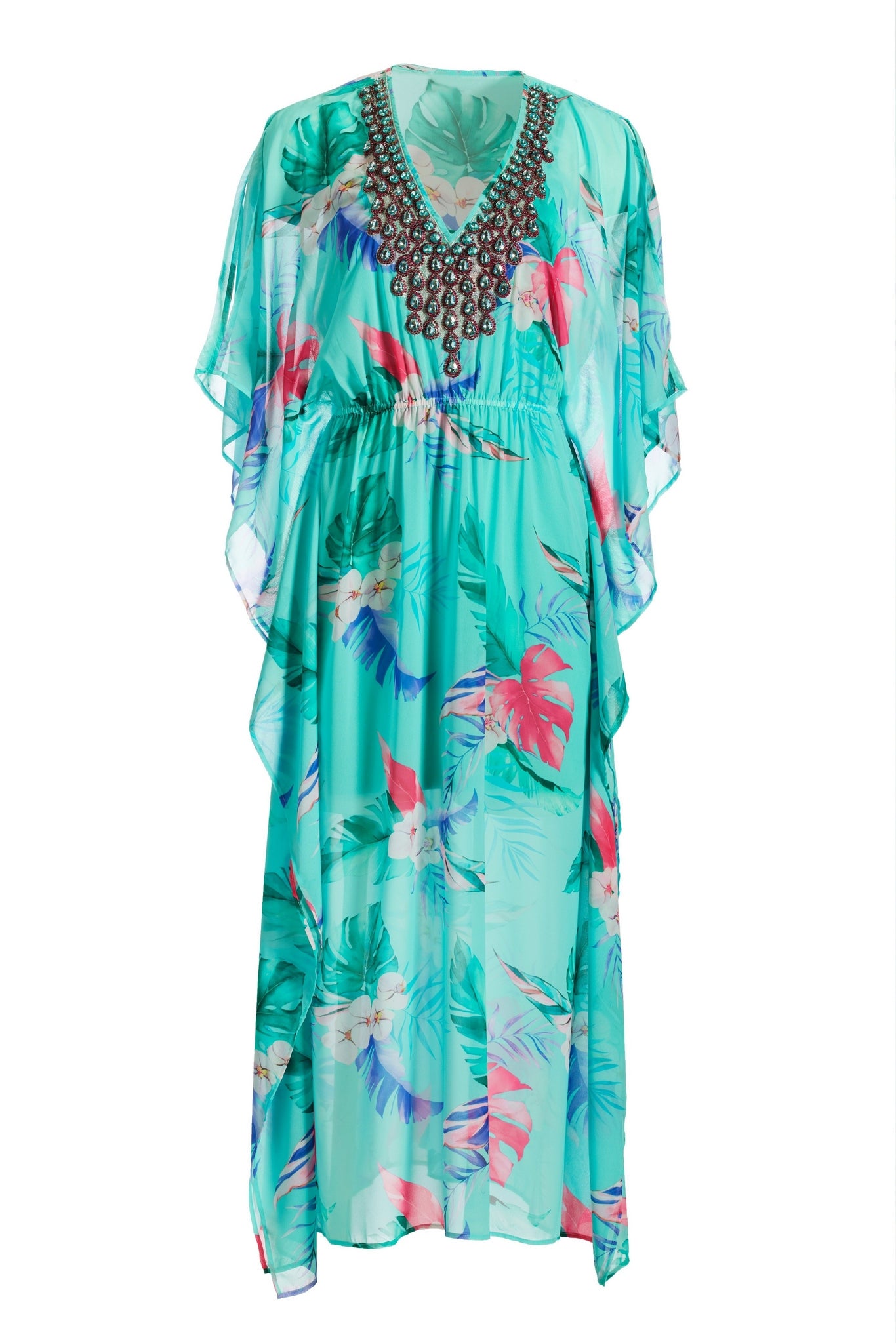 Embellished Tropical Print Maxi Dress Multi
