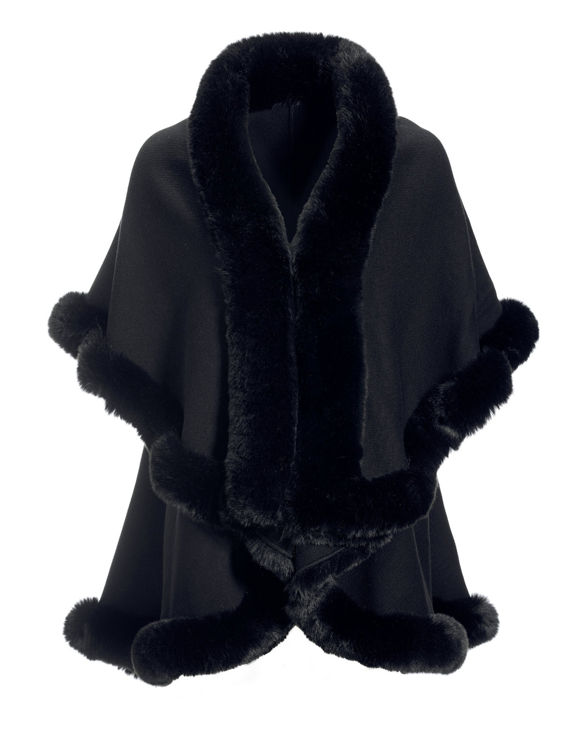Tiered Faux Fur Trim Poncho Black