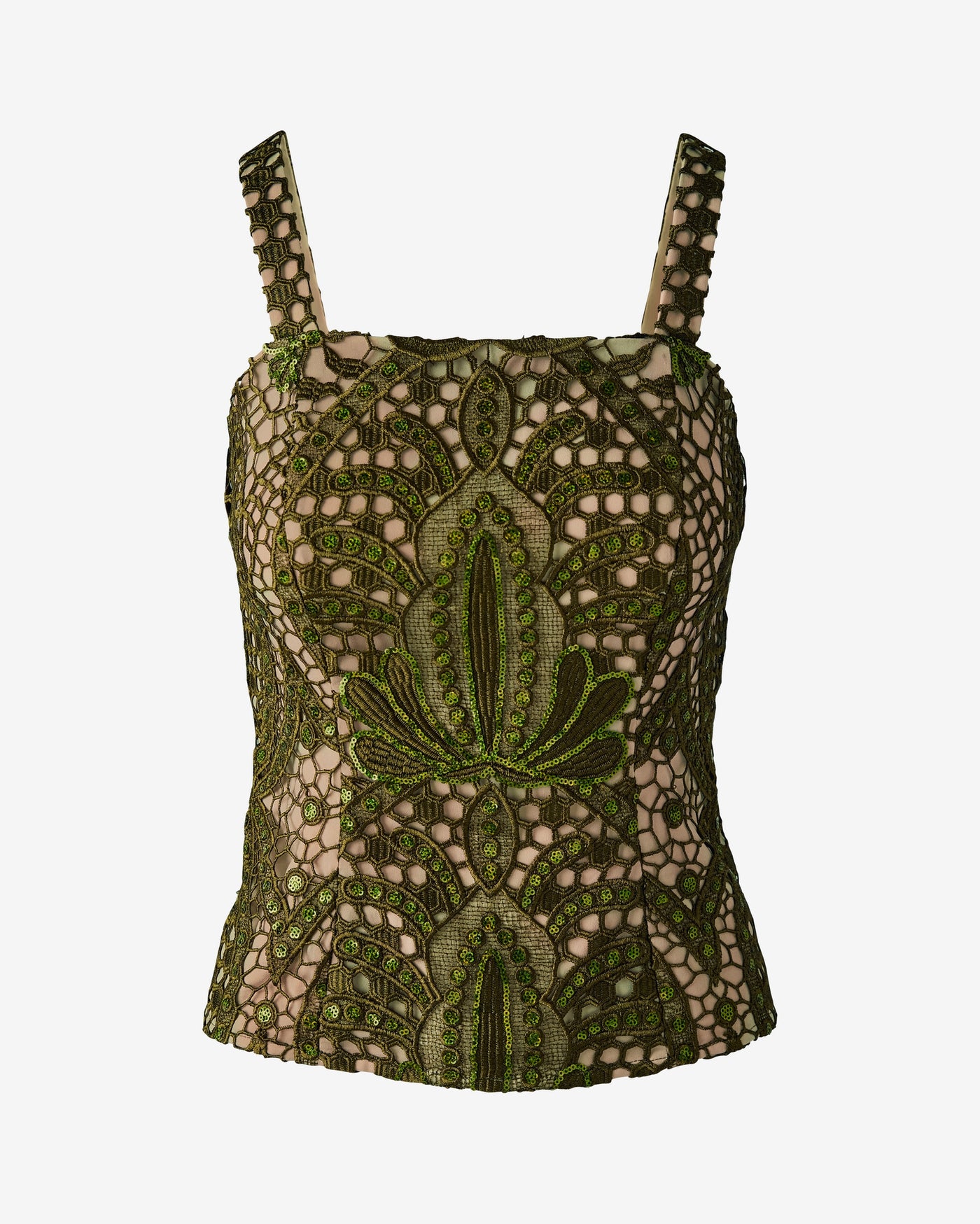 Tonal Sequin Embellished Lace Peplum Top Olive