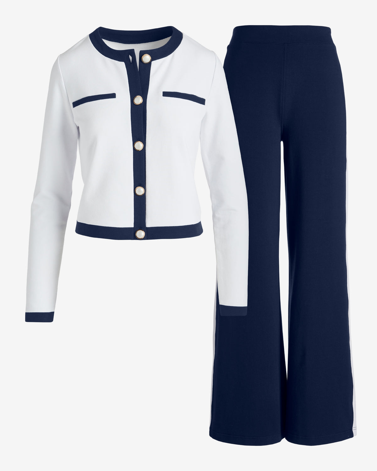 French Terry Color-block Cropped Jacket and Pant Set Navy/White