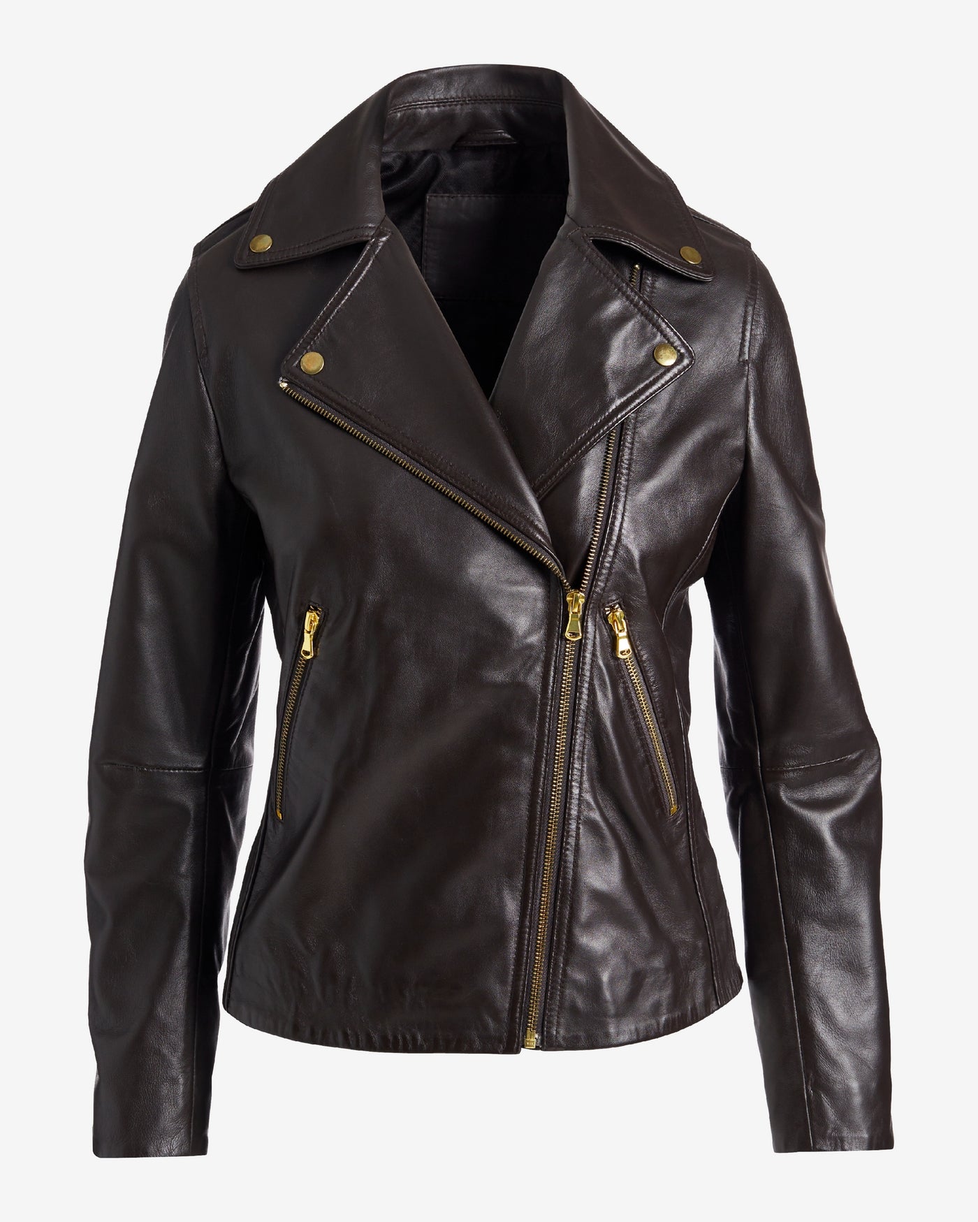 Genuine Leather Zip Detail Moto Jacket Safari Brown