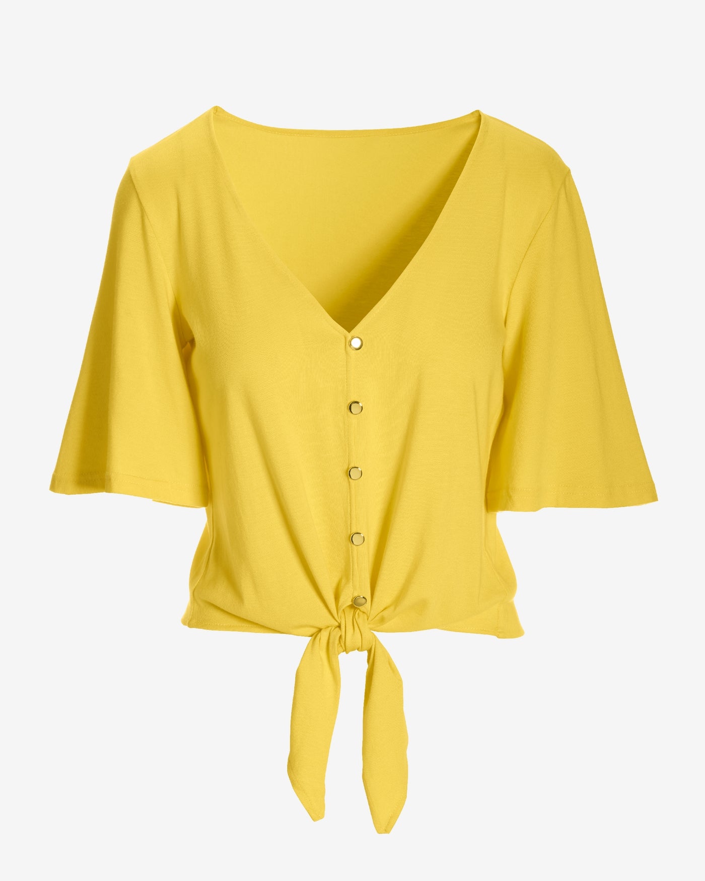 Button Front Tie Front Tee Lemon Drop