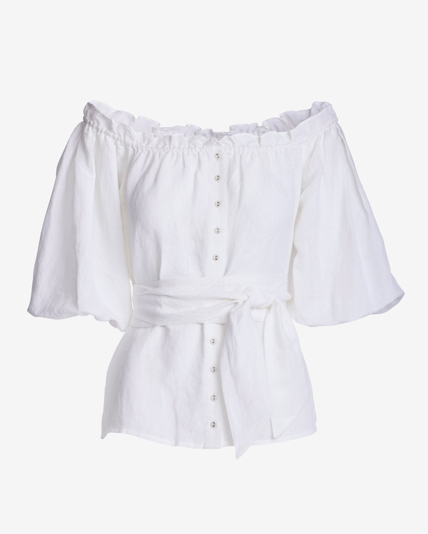 Linen Puff Sleeve Tie Waist Peplum Blouse White