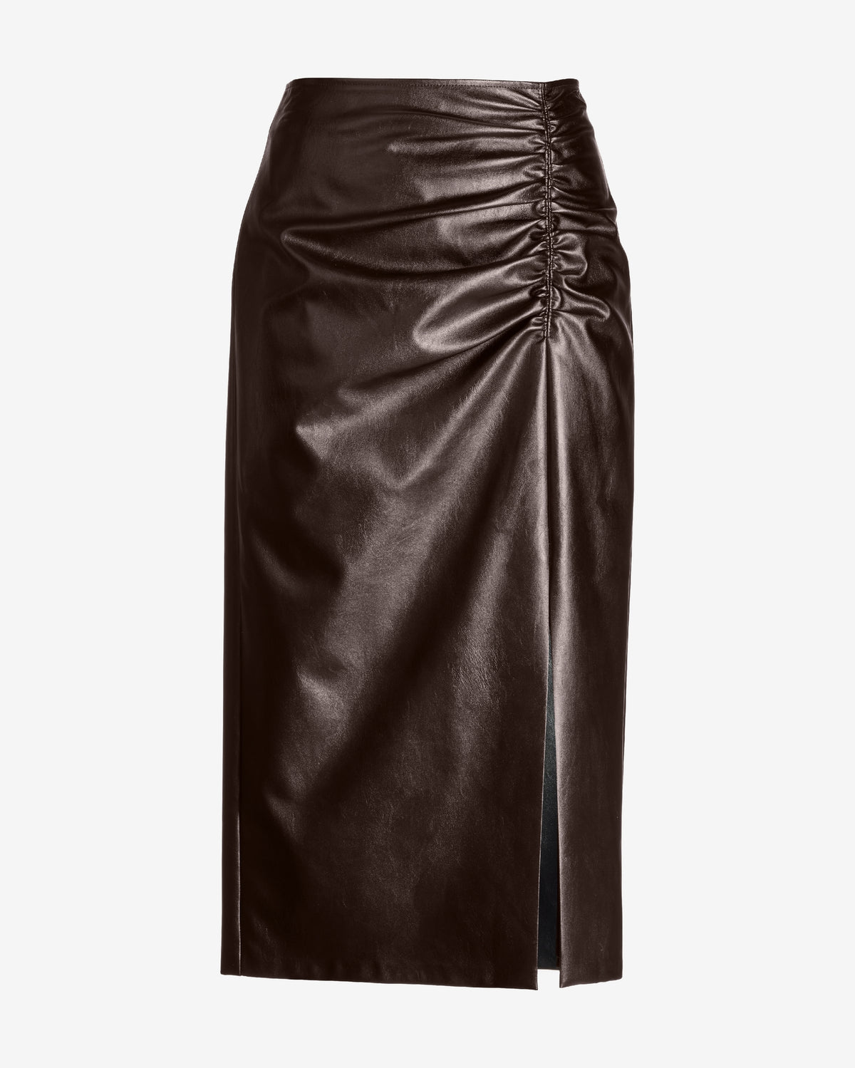 Faux Leather Ruched Midi Skirt Chocolate Torte