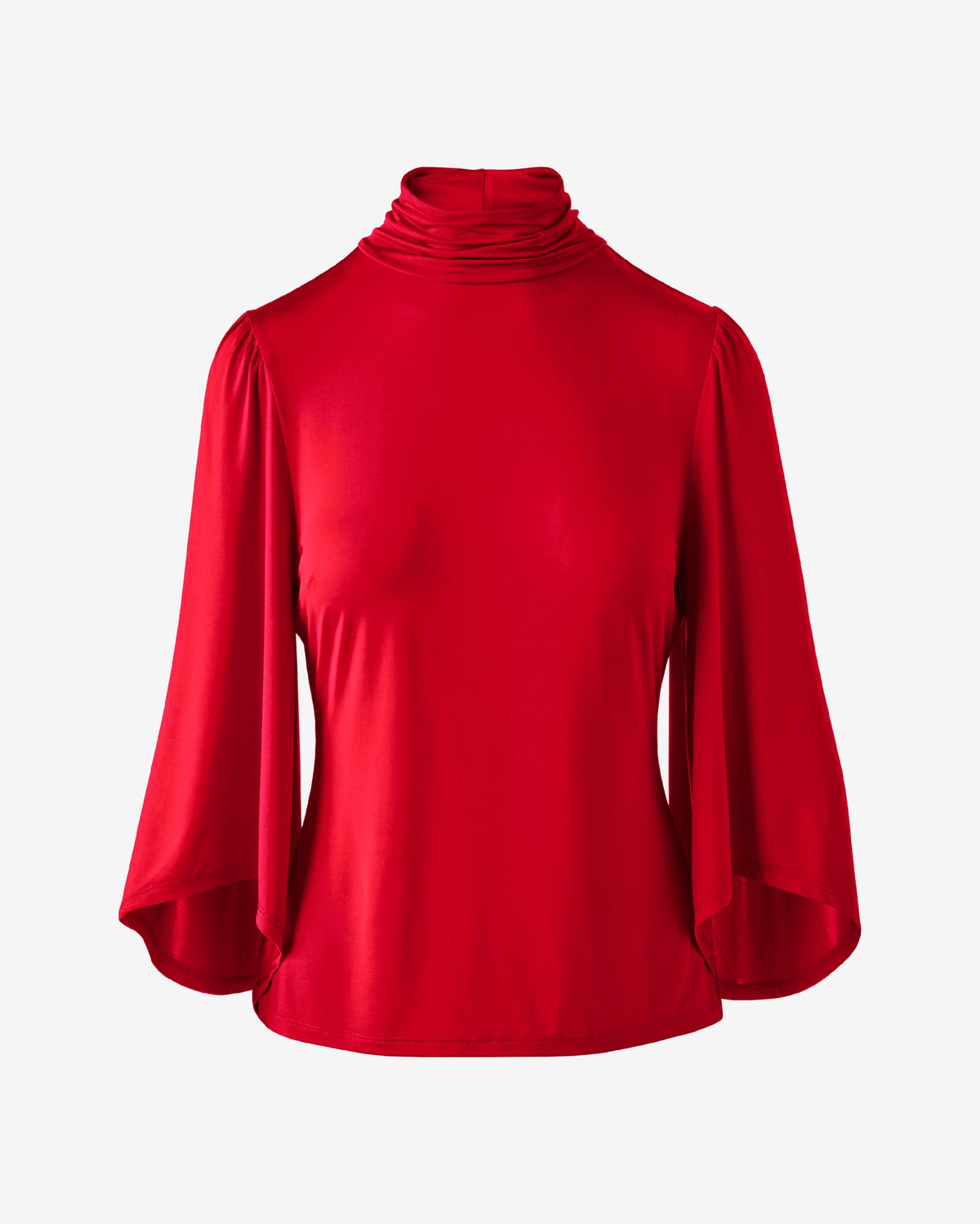 Ruched Flare Sleeve Turtle Neck Tomato Red
