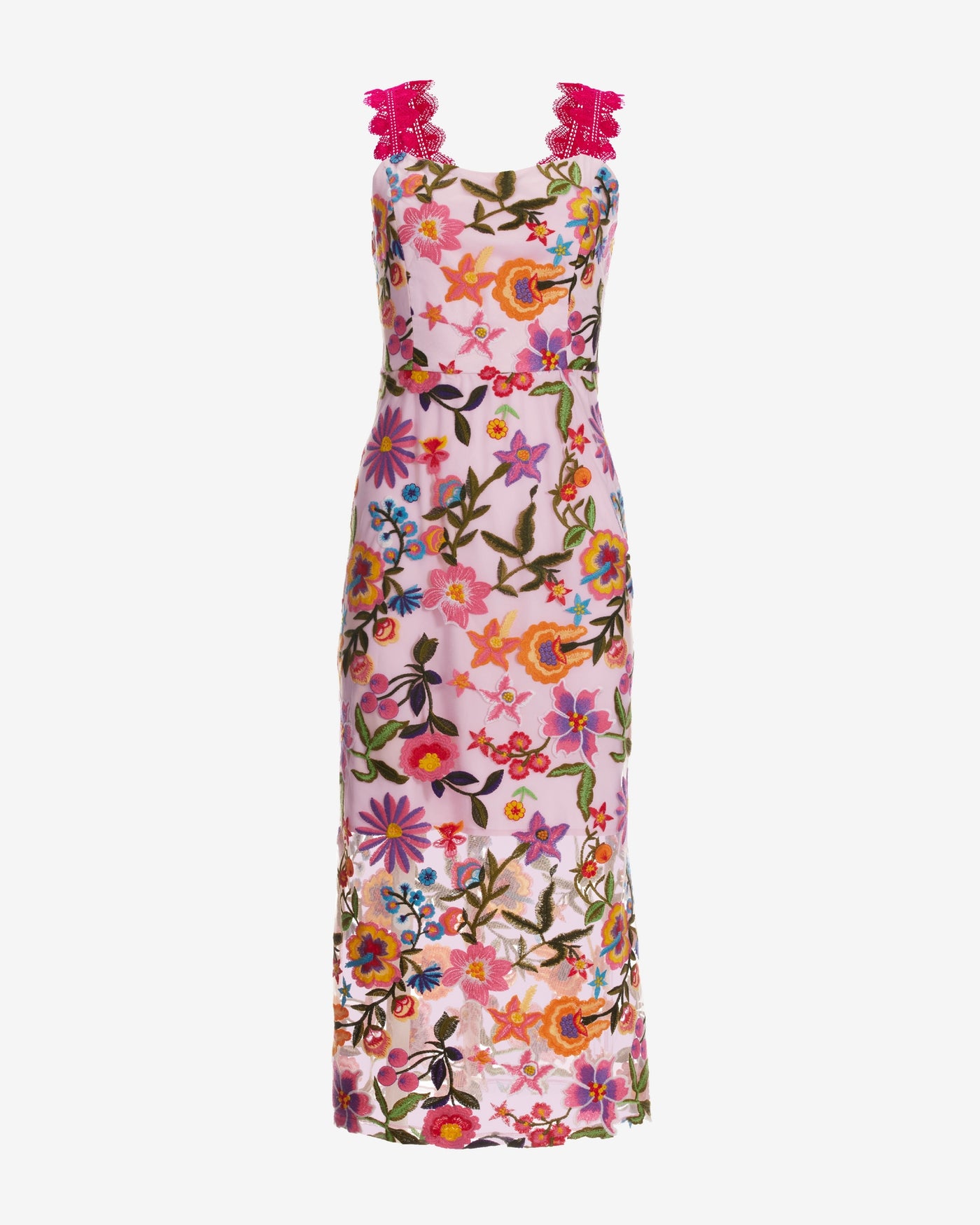 Embroidered Mesh Sheath Midi Dress Multi