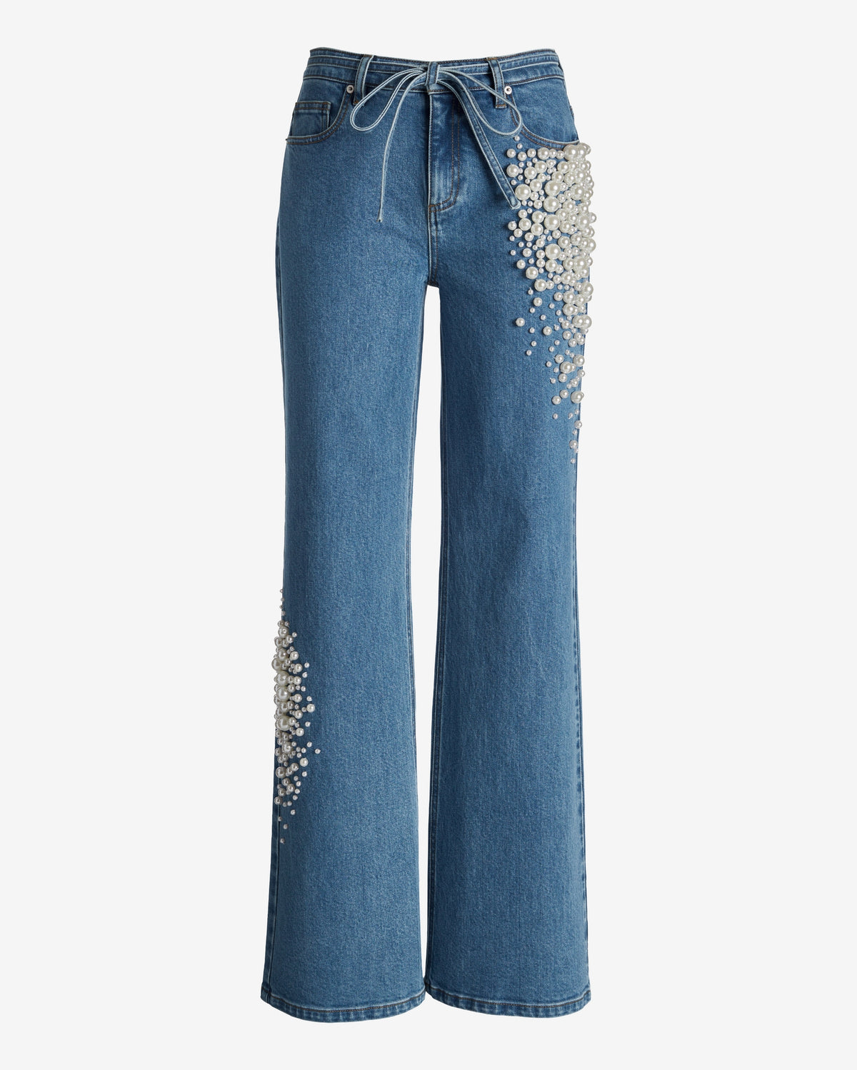 Pearl Embellished Wide Leg Jean Medium Wash