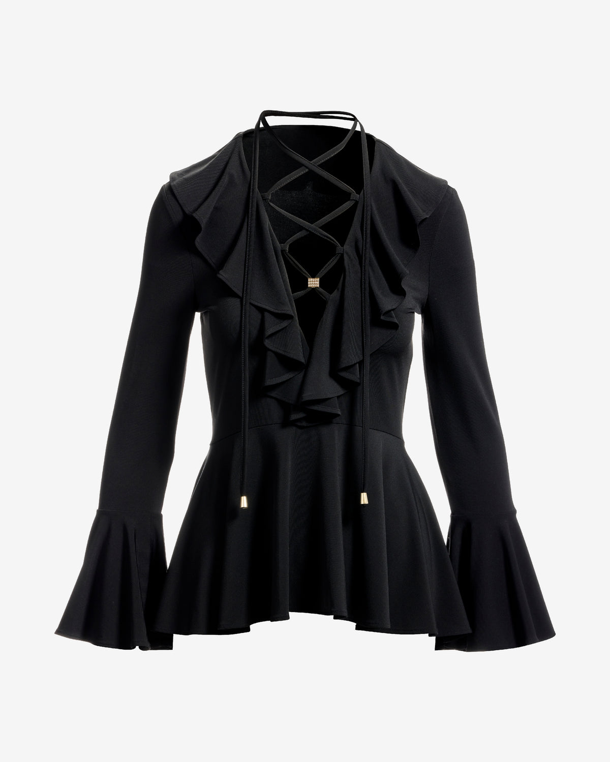 Ruffle Lace Up V Neck Knit Top Proper Black