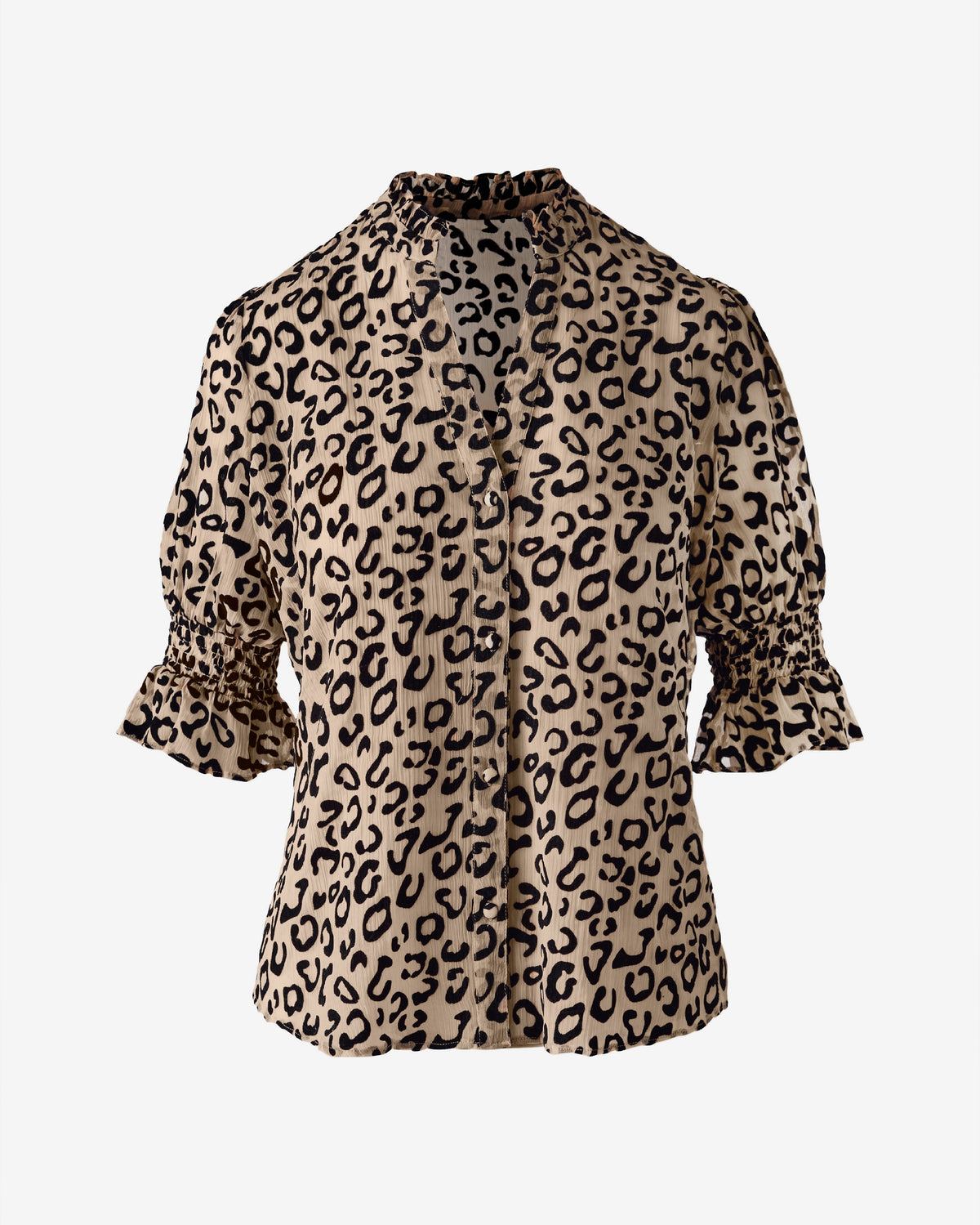 Leopard Burnout Ruffle Collar Short Sleeve Blouse Nude/Black
