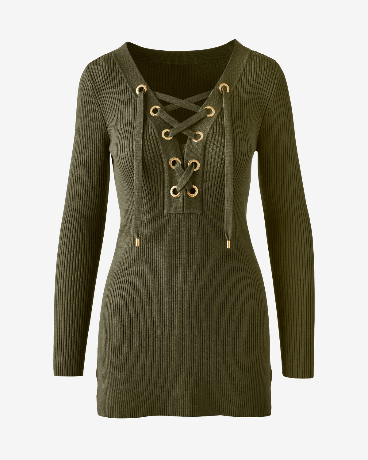 Ribbed Lace Up Sweater Tunic Olive Night