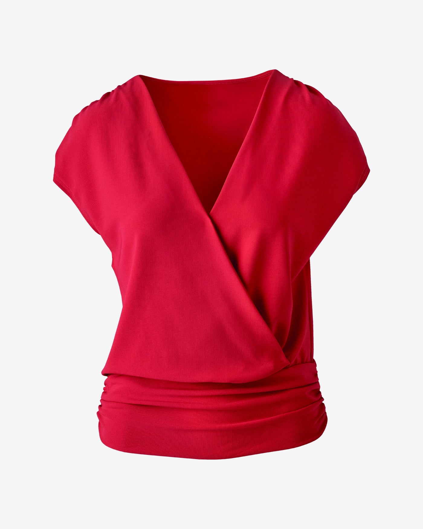 Beyond Travel Ruched Surplice Blouson Top Tango Red
