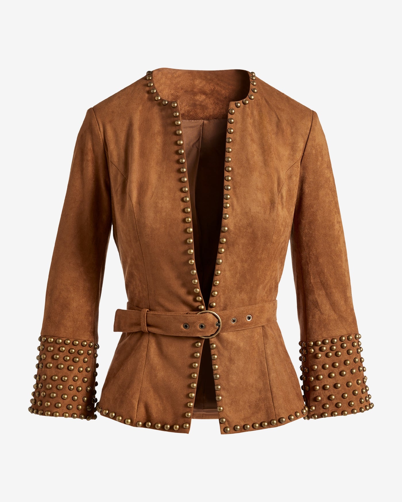 Studded Faux Suede Belted Jacket Cognac