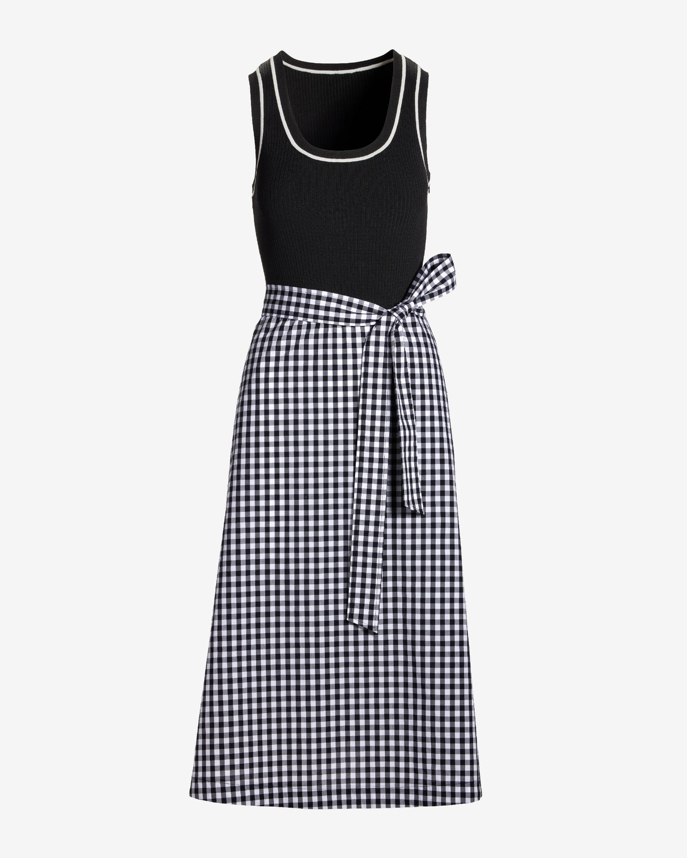 Mixed Media Piped Scoop Neck Gingham Midi Dress Black/White
