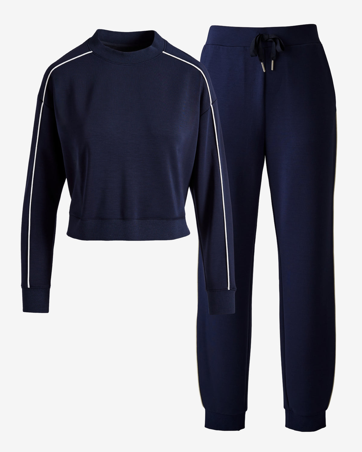 Luxe Lounge Piped Crew Neck and Jogger Set Navy Blue