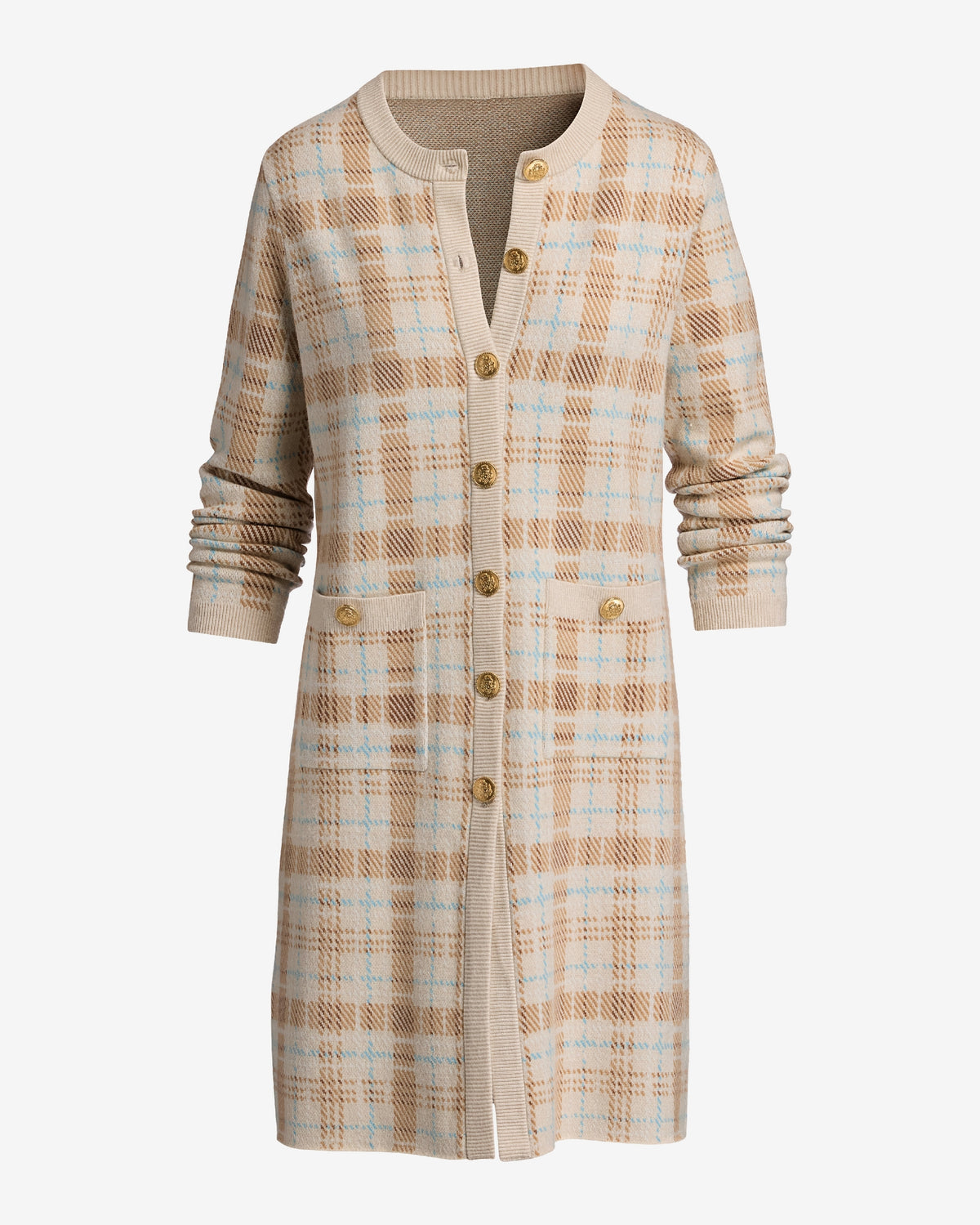 Plaid Crested Button Sweater Duster Cozy Plaid