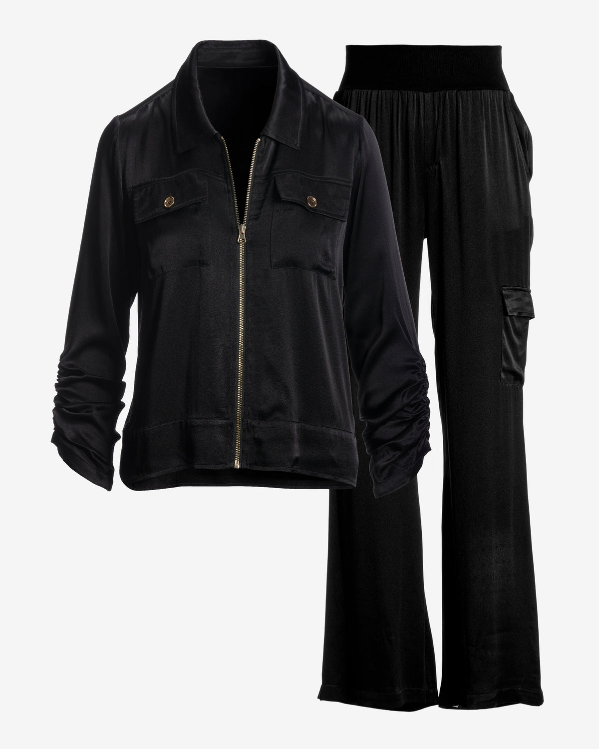 Charmeuse Utility Zip Wide Leg Cargo Set Black
