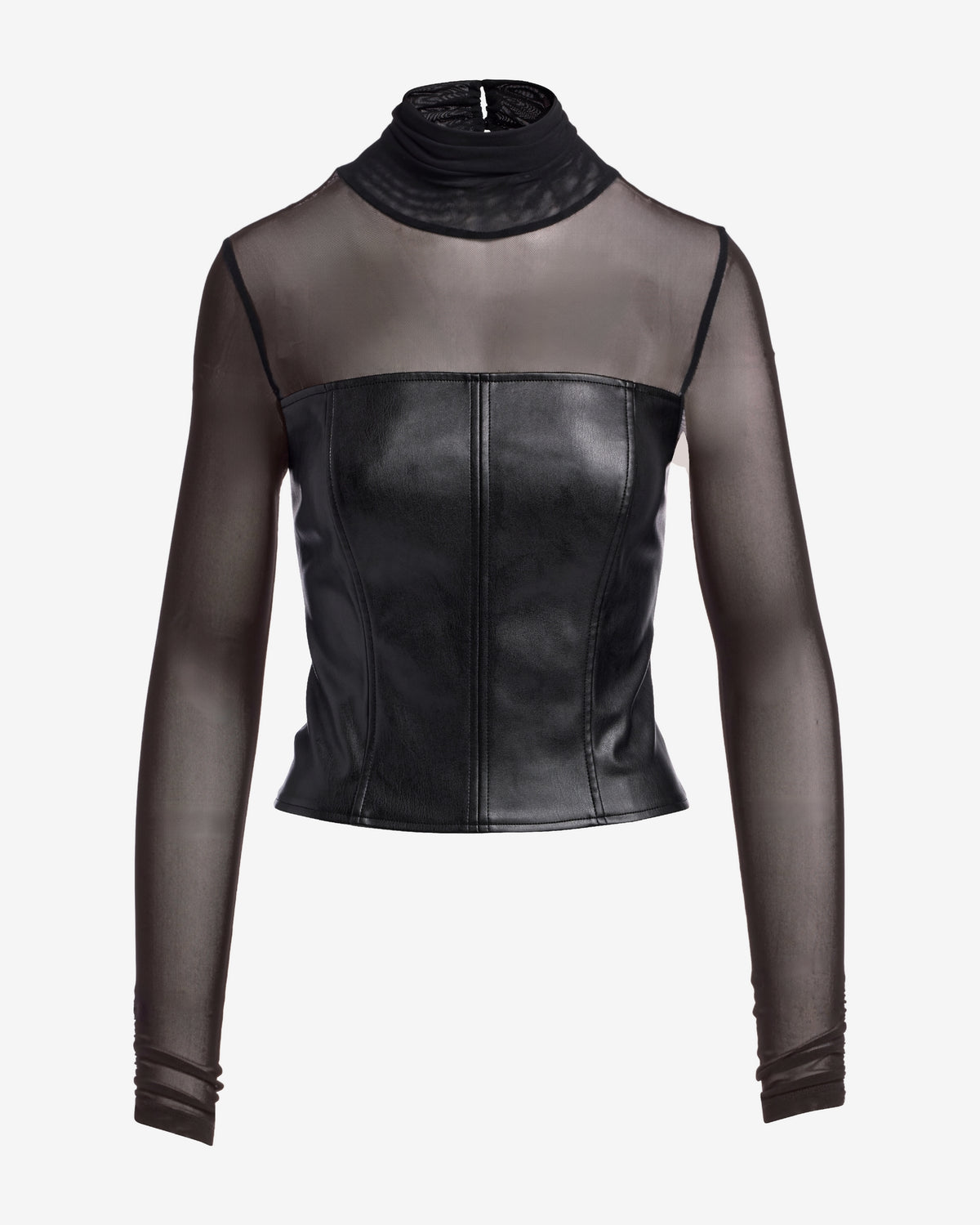 Faux Leather and Mesh Turtleneck Knit Top Black