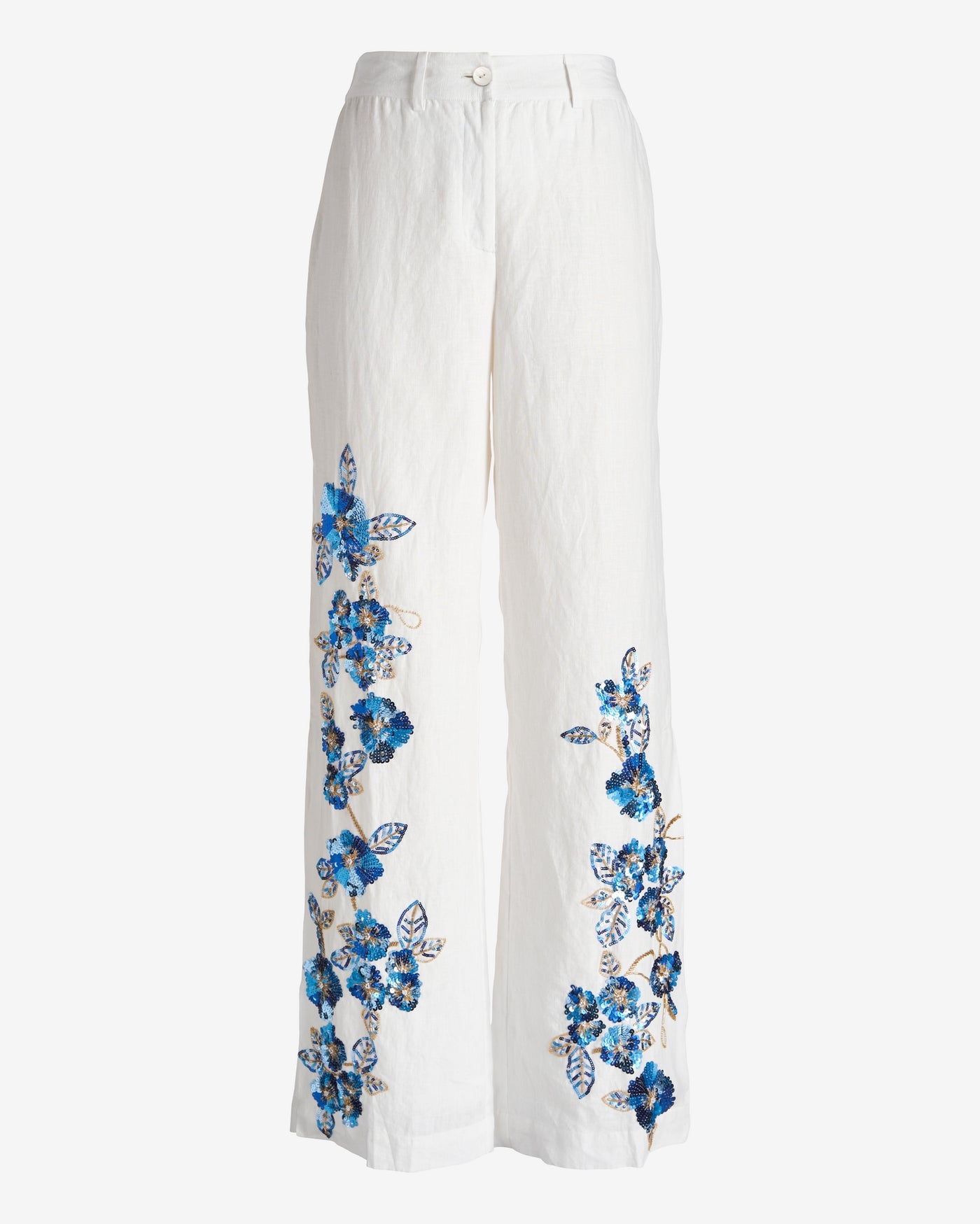 Floral Sequin Side Slit Linen Pant White