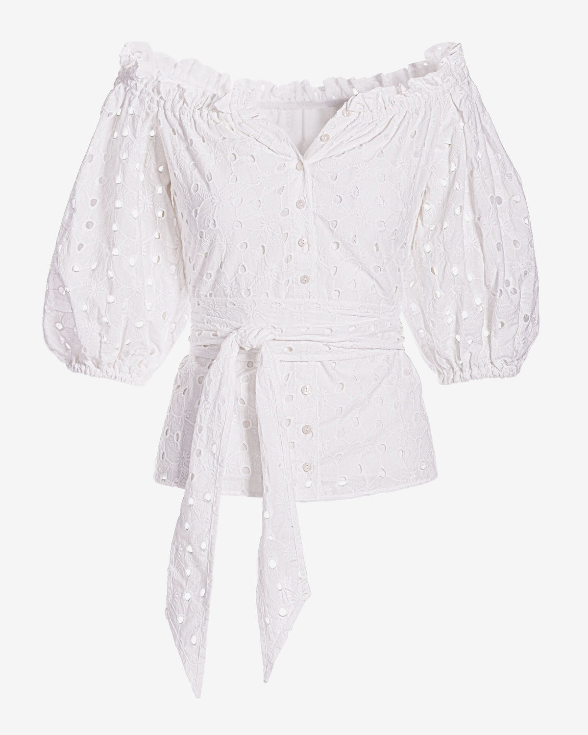Eyelet Puff Sleeve Tie Waist Peplum Blouse White