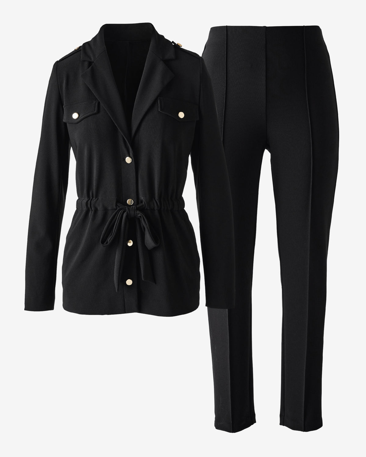 Beyond Travel Belted Utility Jacket and Pintuck Pant Set Jet Black