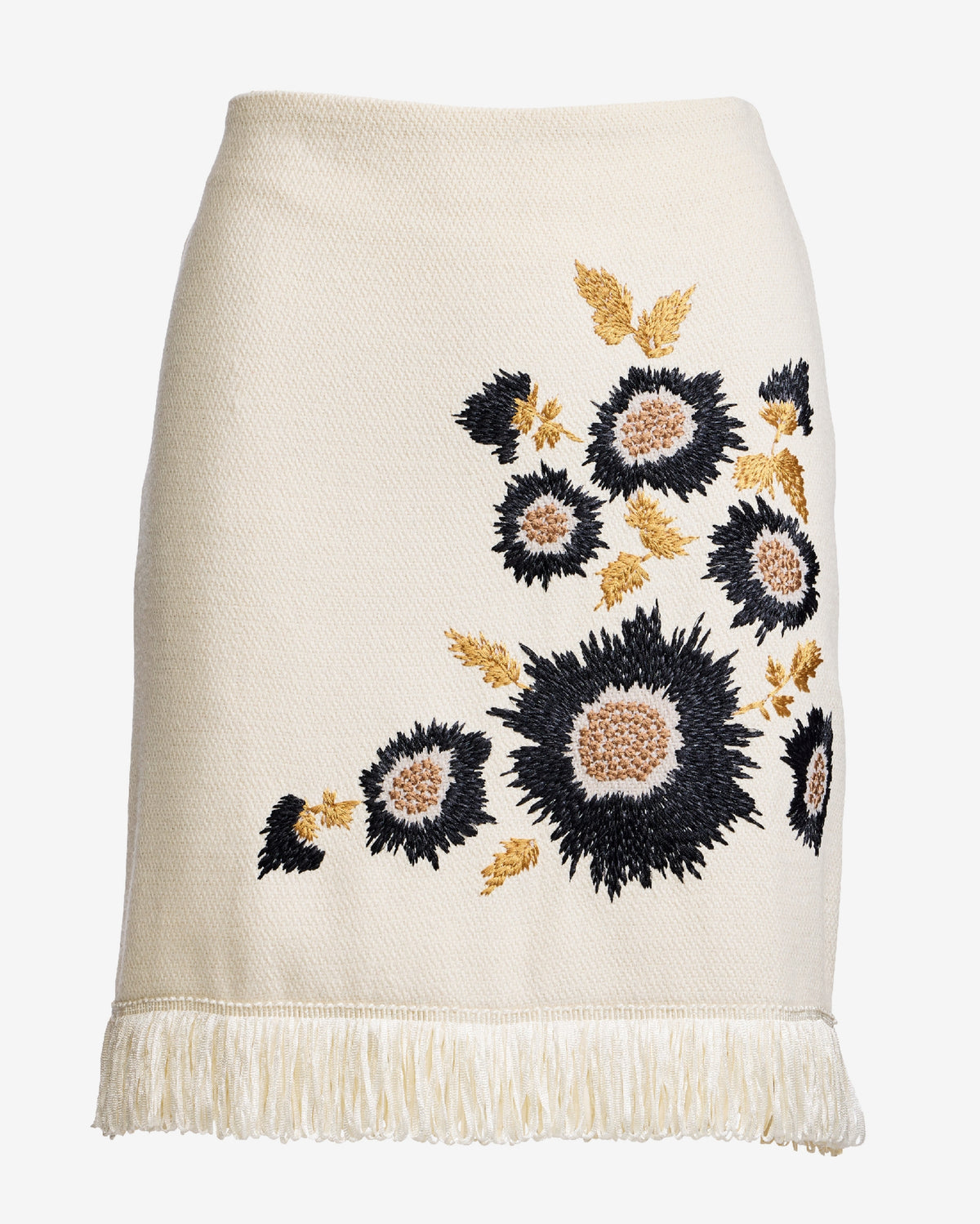 Floral Embroidered Raffia Fringe Mini Skirt Black/Ecru