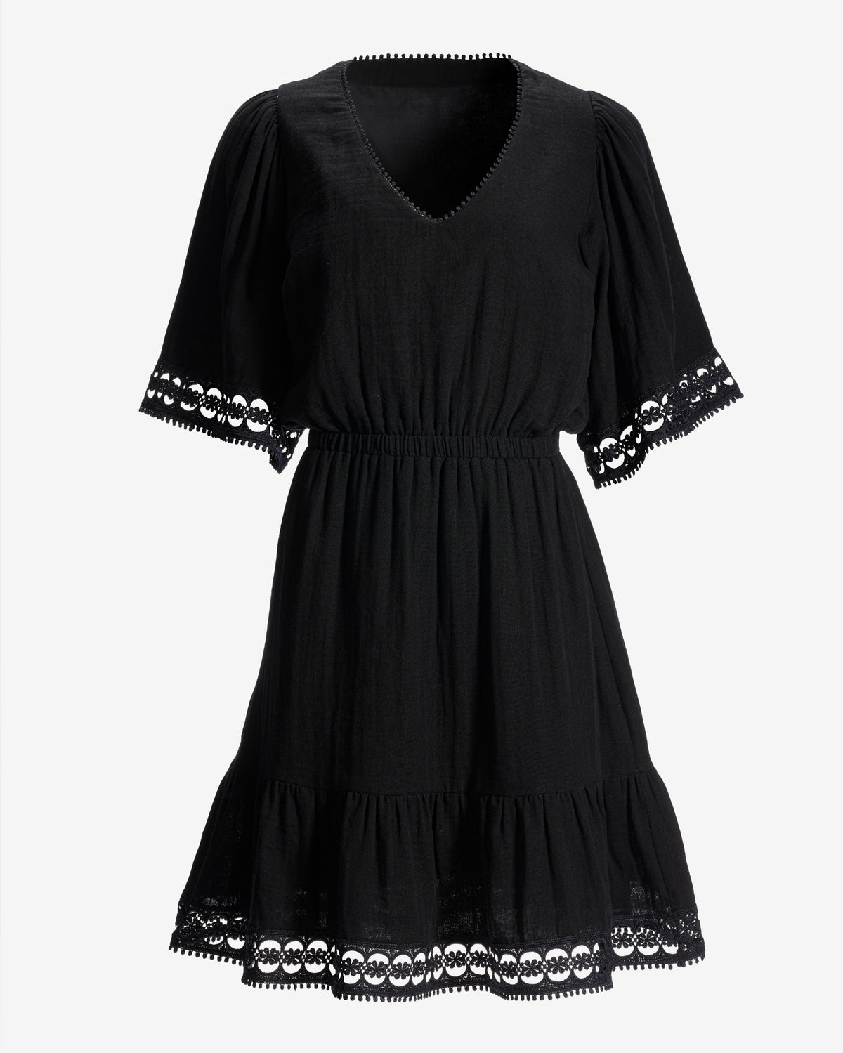 Lace Trim Gauze A Line Dress Black