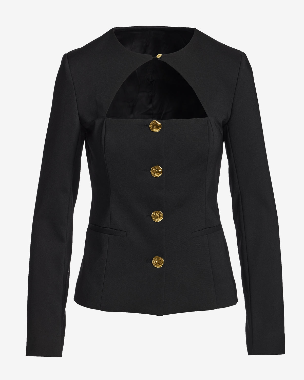 Modern Cutout Novelty Button Peplum Blazer Black