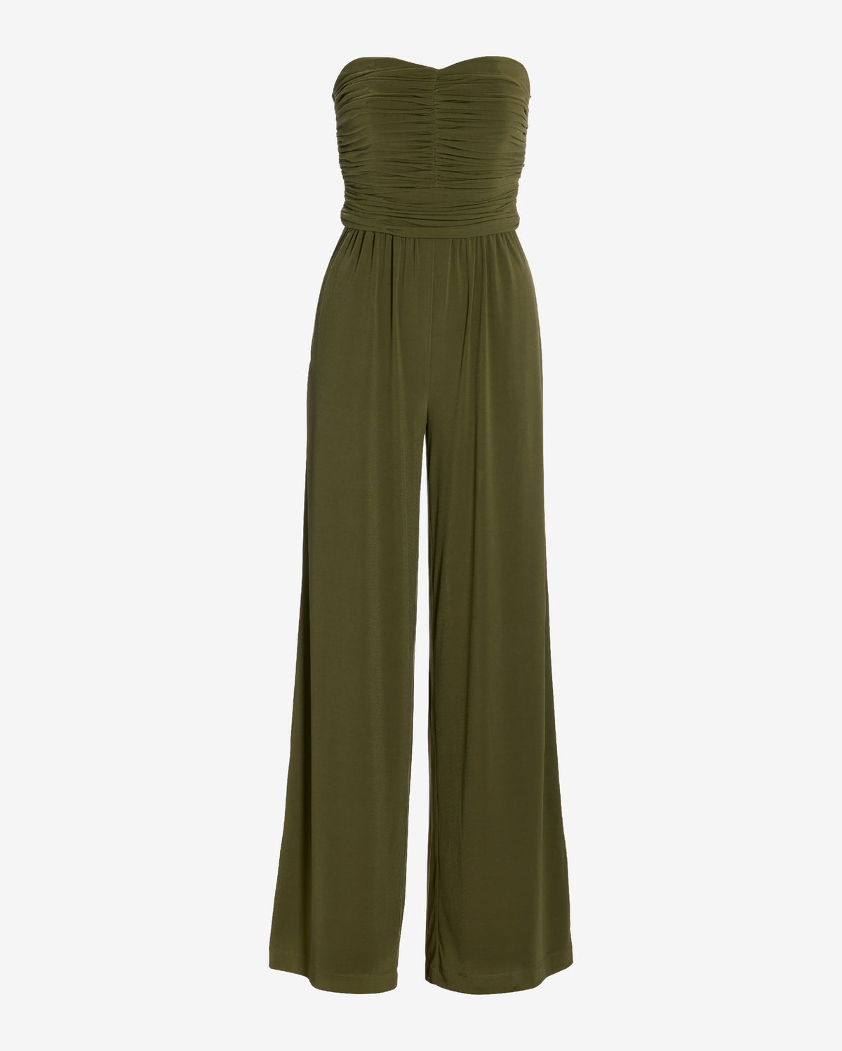 Strapless Ruched Wide Leg Knit Jumpsuit Moss Green
