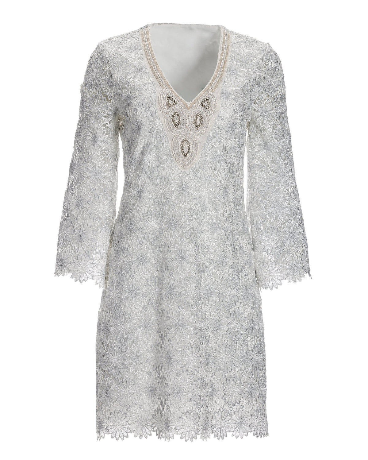 Embellished Metallic Floral Lace Tunic Dress White Silver