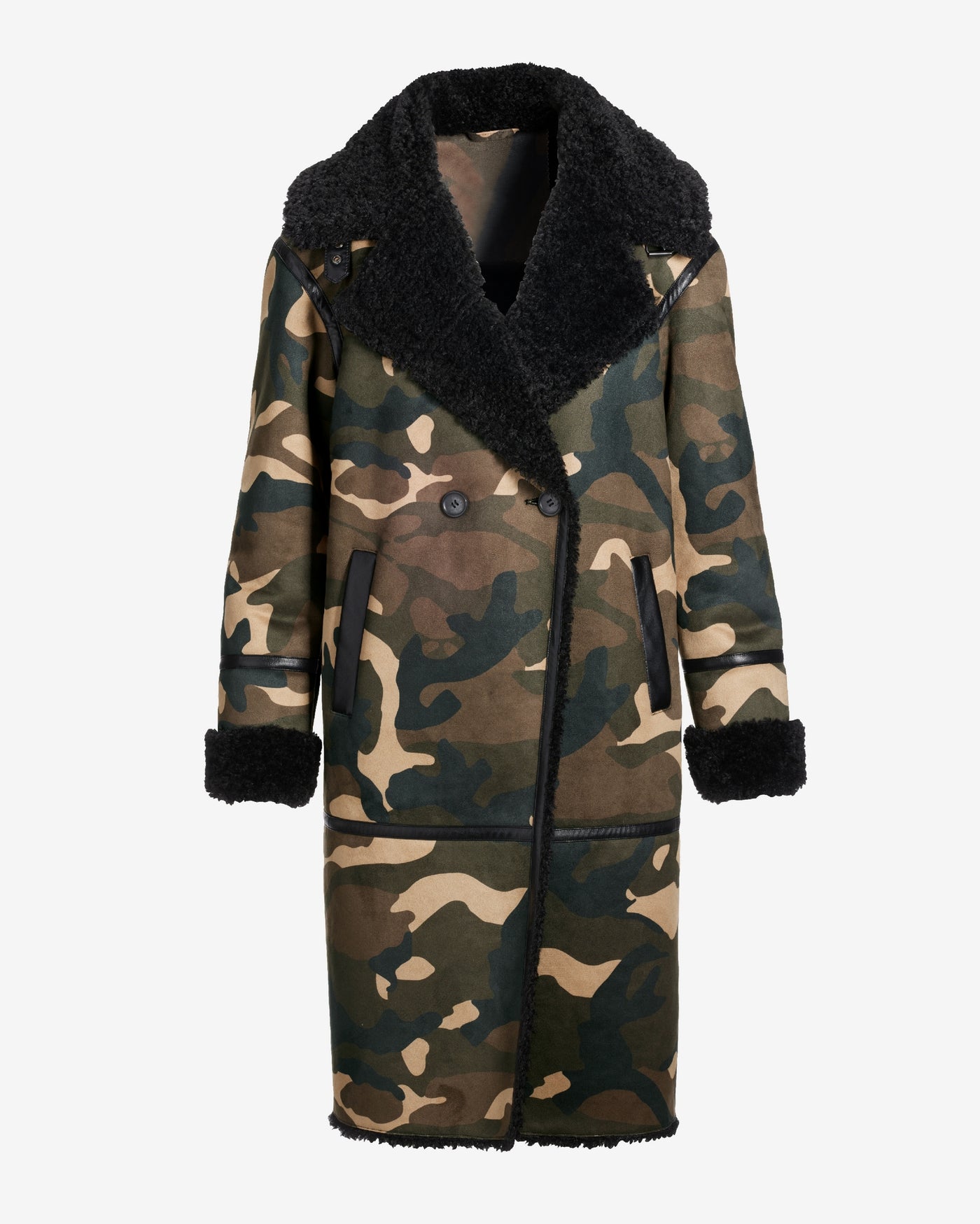 Camouflage Print Faux Suede and Shearling Coat Black Multi