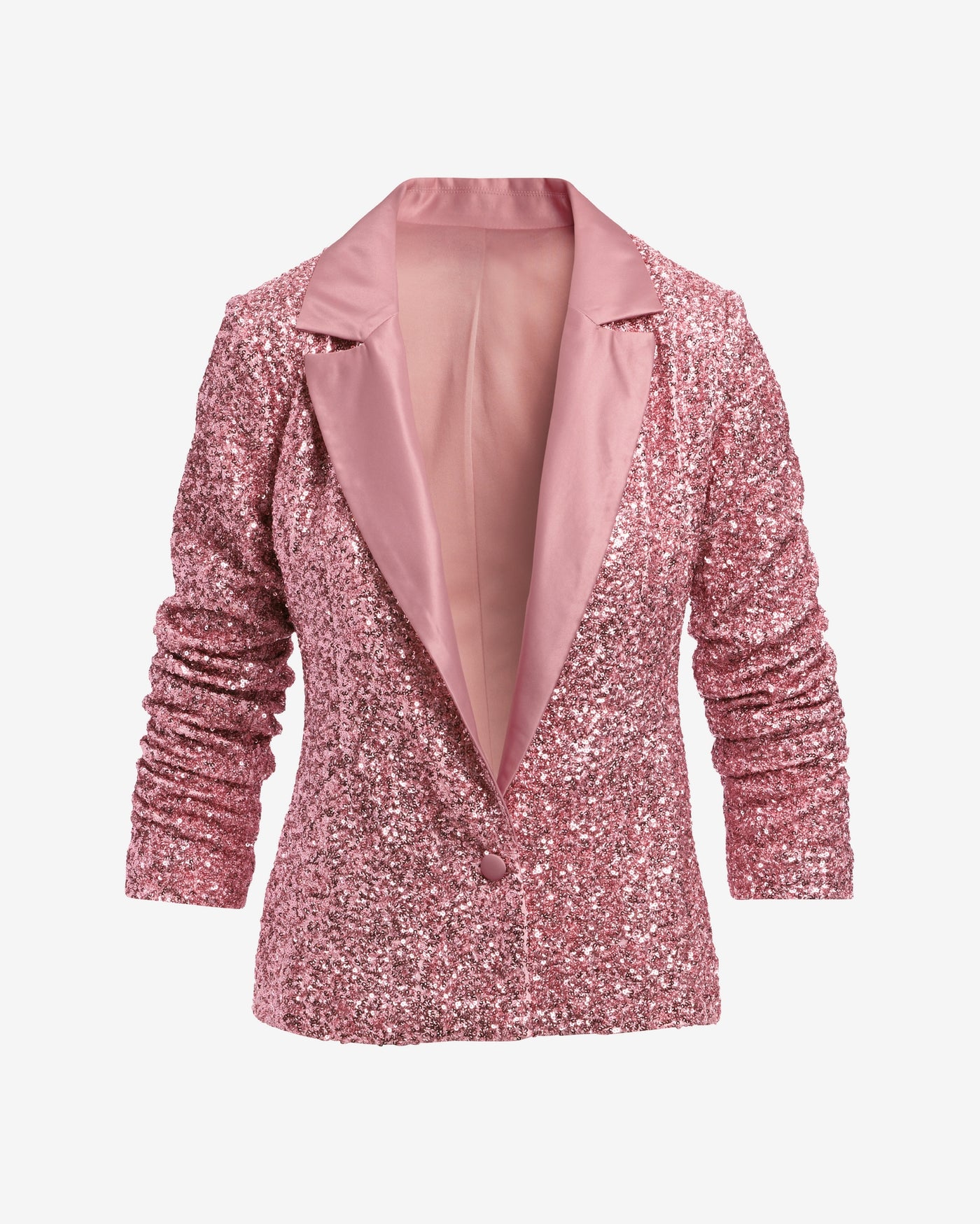 Satin Collar Ruched Sleeve Sequin Blazer Coral Blush