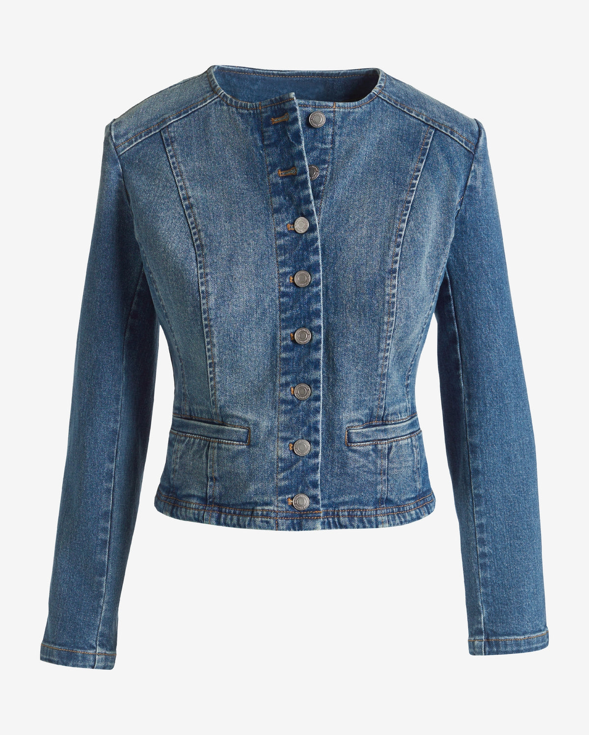 Jewel Neck Denim Jacket Medium Wash Denim