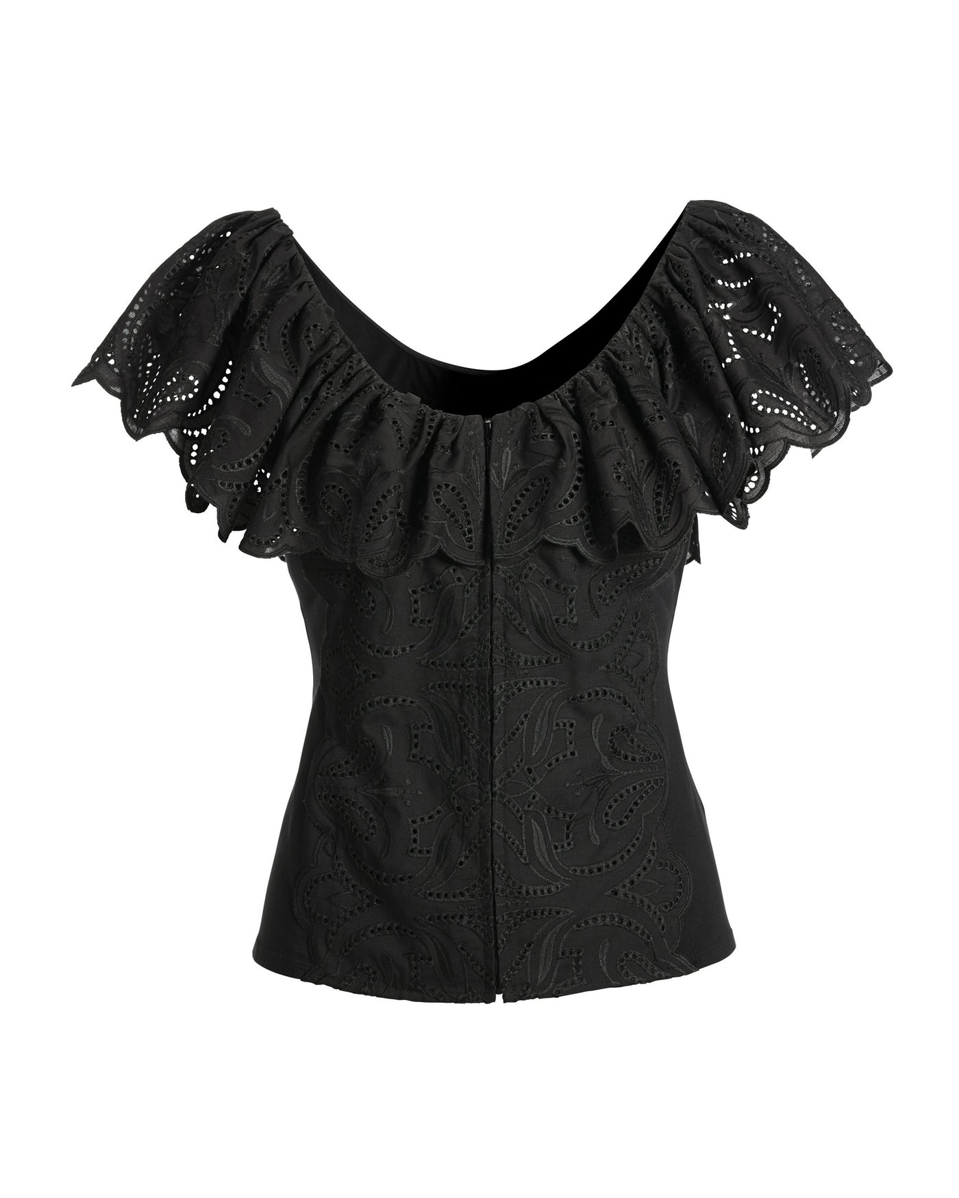 Eyelet Ruffle Zip-Up Top Black