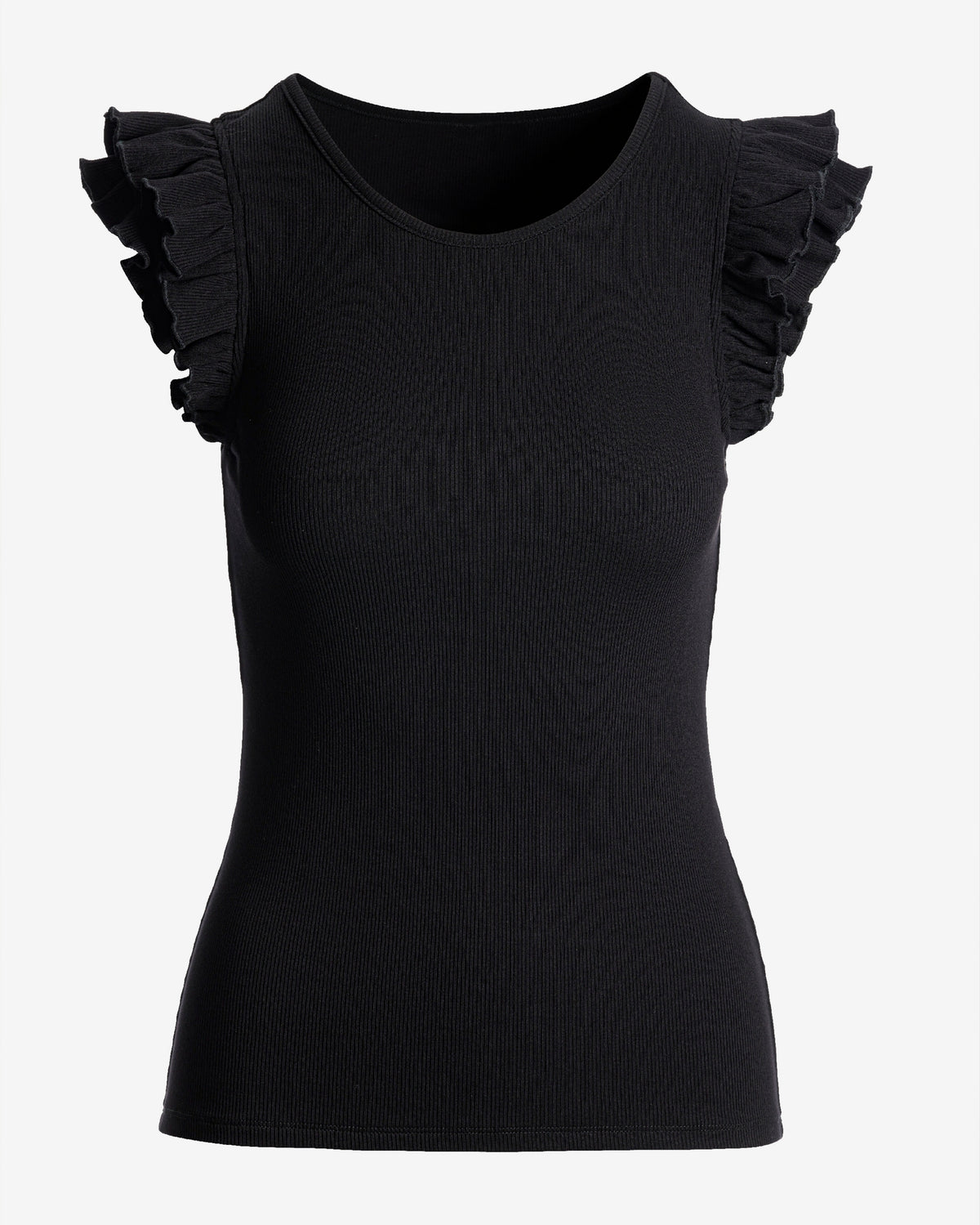 So Essential Rib Ruffle Shoulder Tank Proper Black