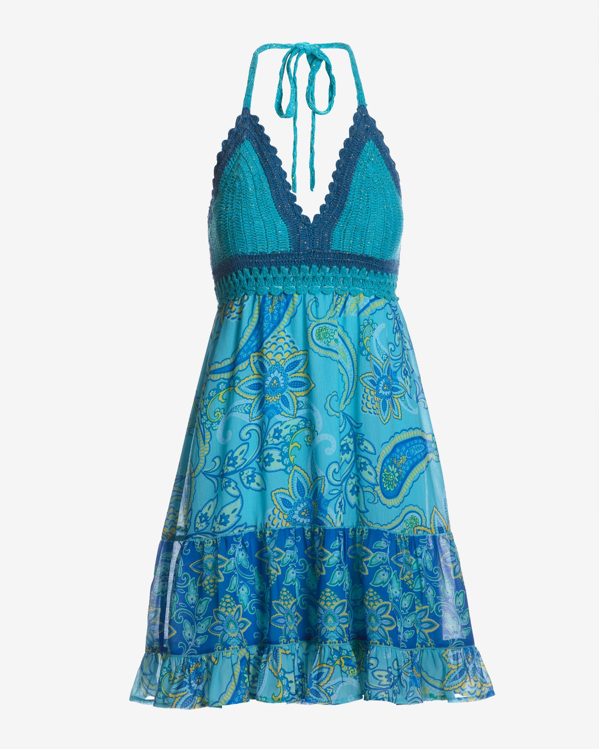 Montauk Paisley Print Crochet Halter Swing Dress Blue Multi