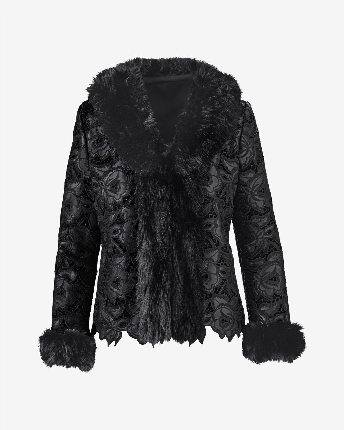 Faux Fur Trimmed Leather Lace Coat Black