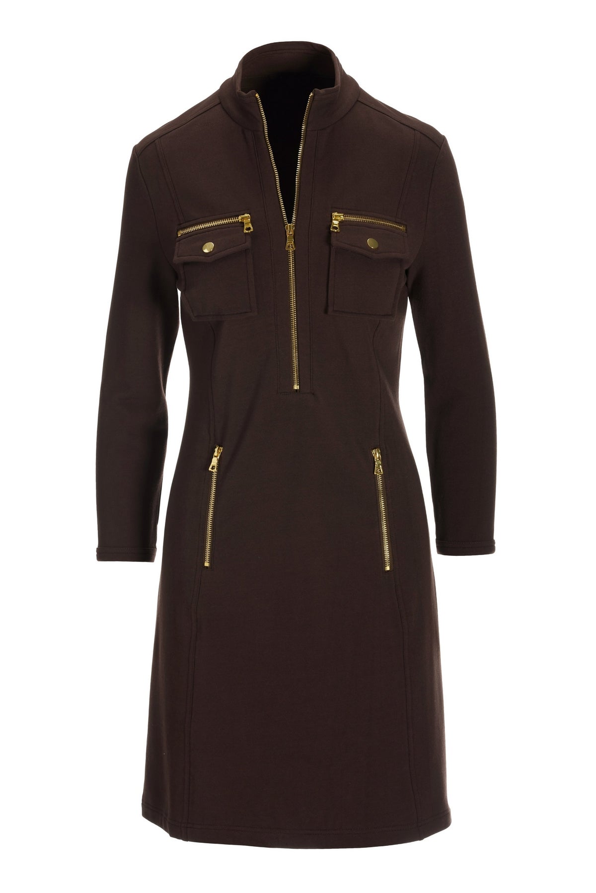 Three Quarter Sleeve Chic Zip Dress Safari Brown