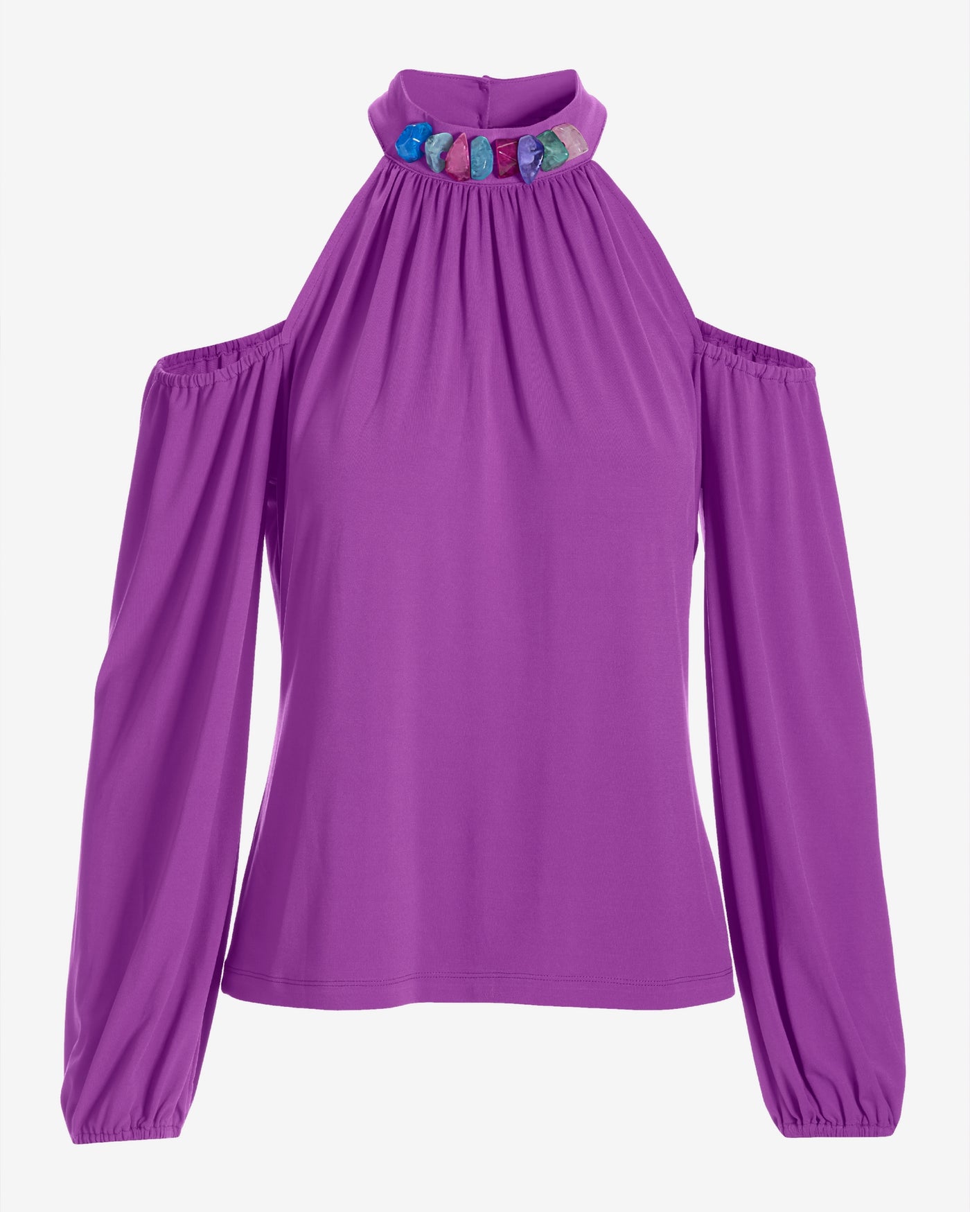 So Chic Cold Shoulder Beaded Neck Top Dahlia