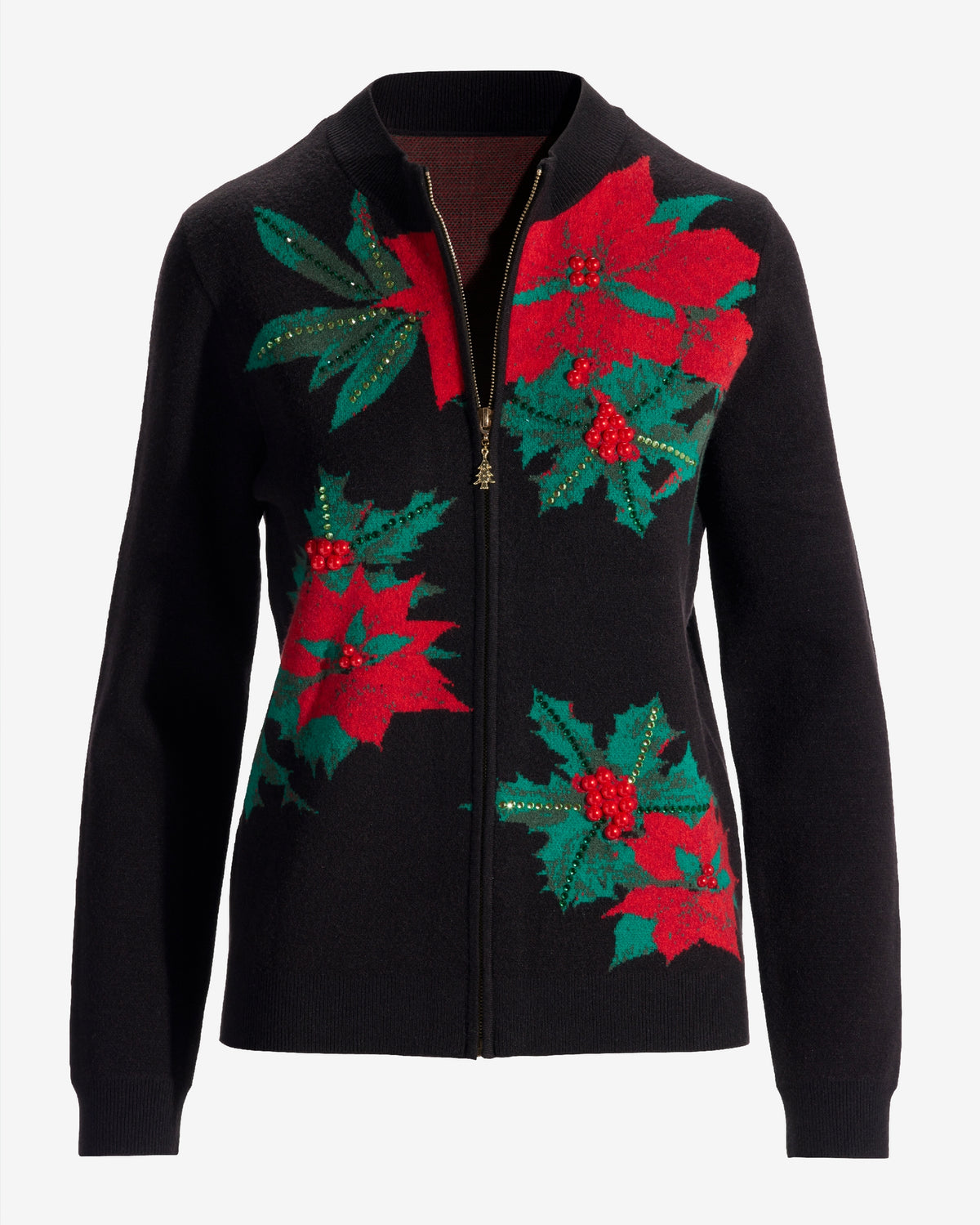 Holiday Floral Embellished Zip Up Cardigan Black Multi
