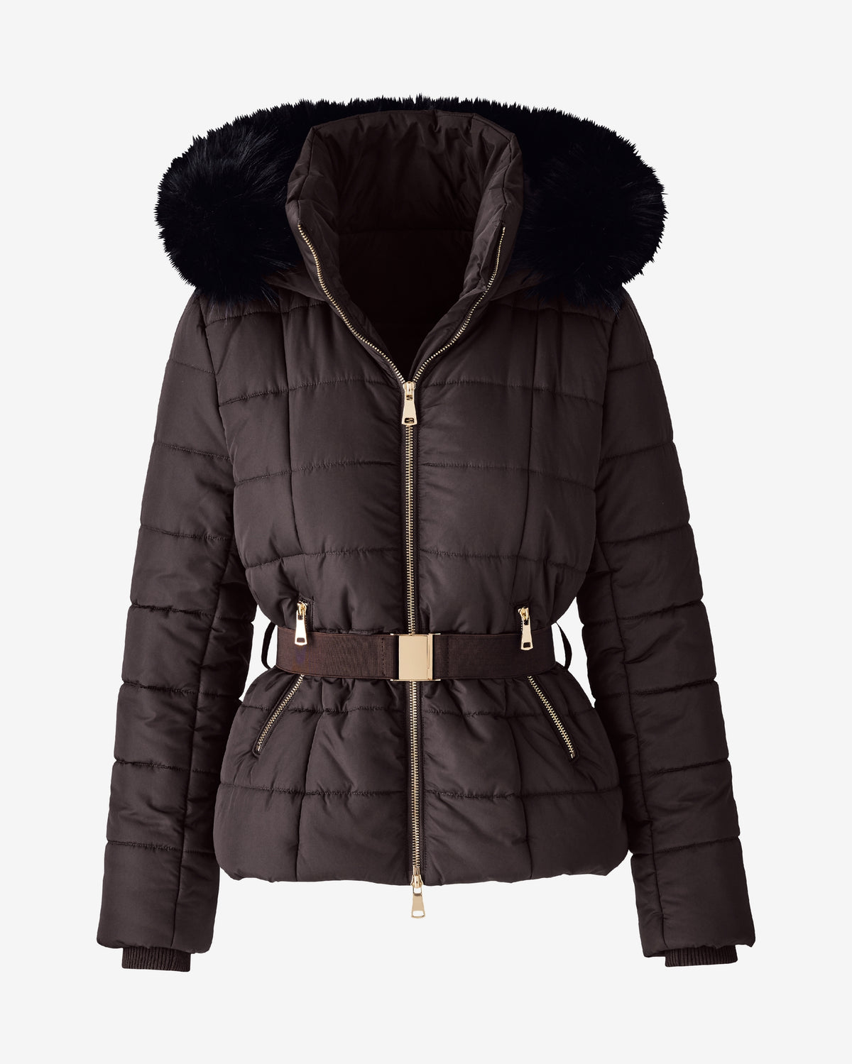 Mid Length Fur Trimmed Puffer Coat Chocolate Torte