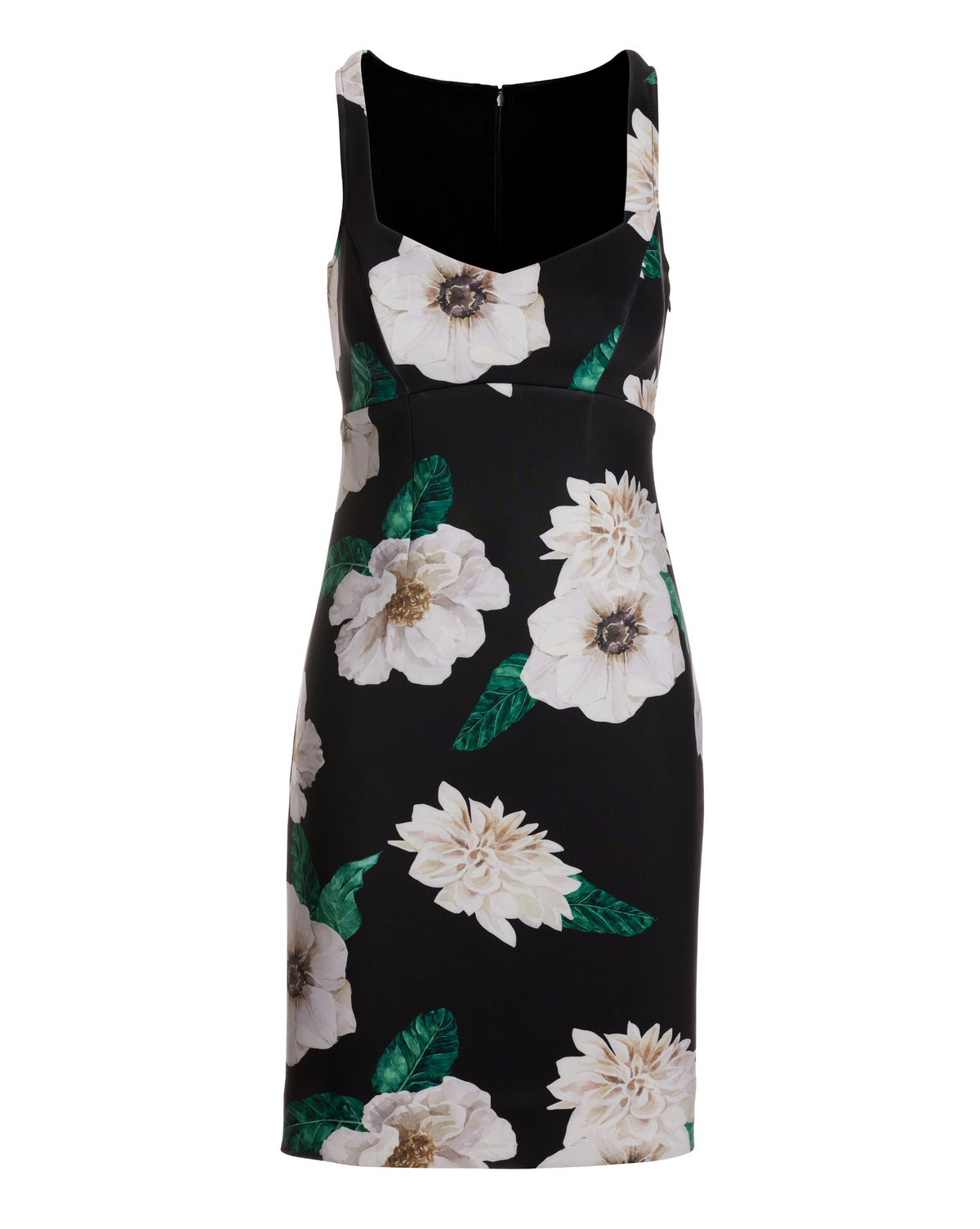 White Fleurs Print Scuba Sheath Dress Black