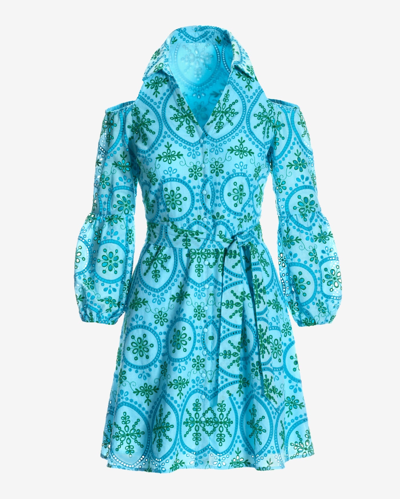 Multi Color Eyelet Cold Shoulder Fit and Flare Dress Blue Multi