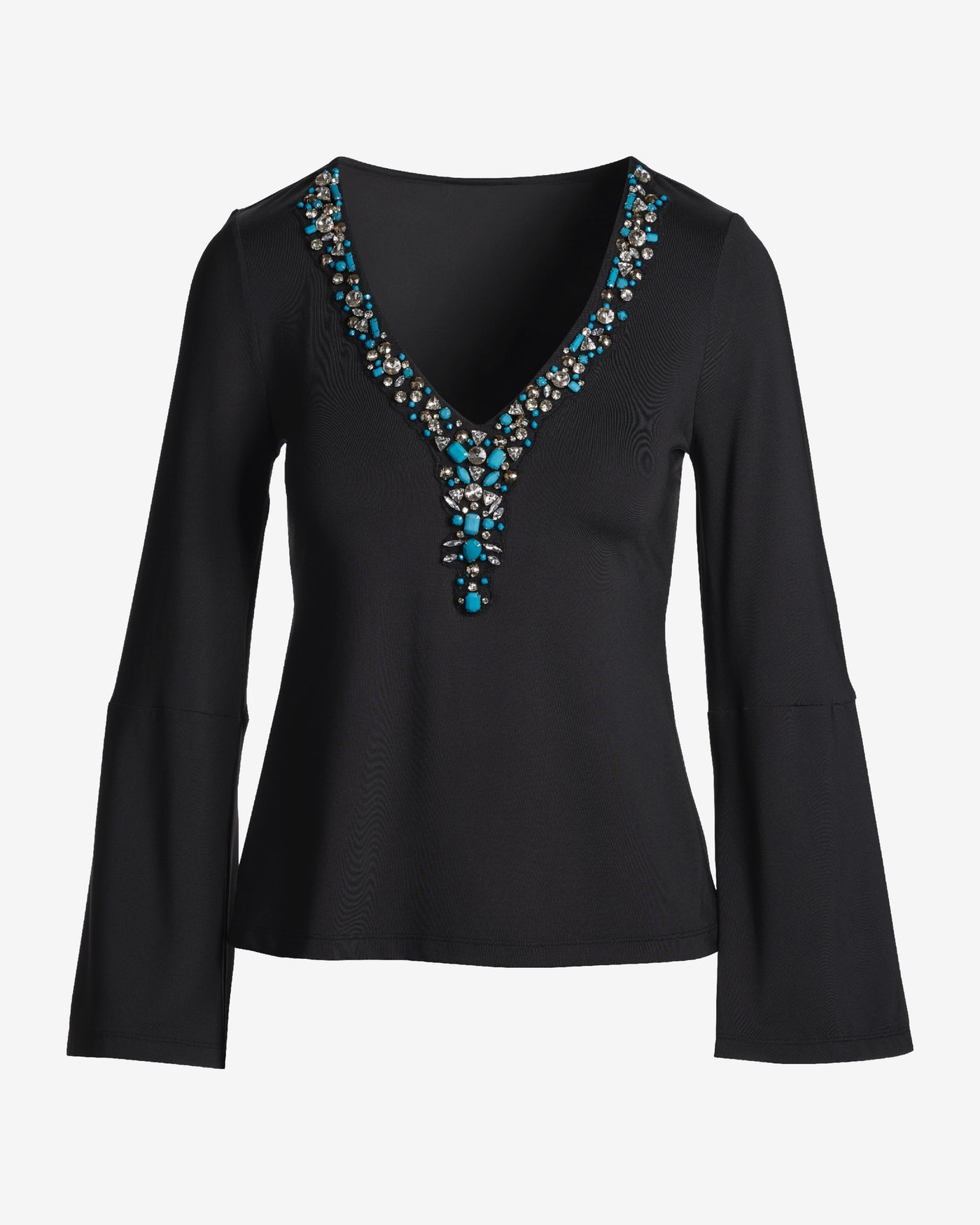 Embellished Trim V-Neck Long Sleeve Proper Black Multi