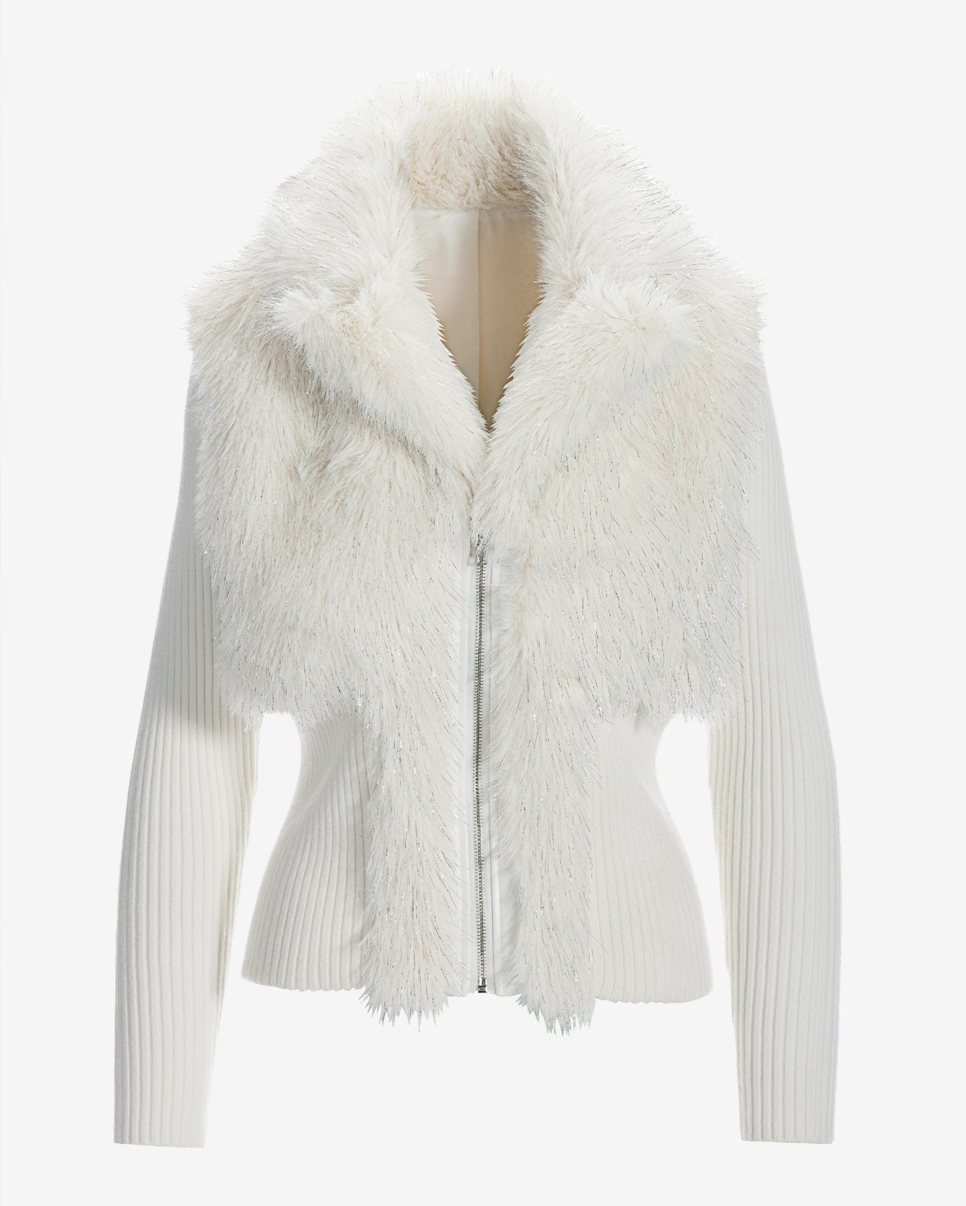 Metallic Faux Fur Zip Up Cardigan Off White