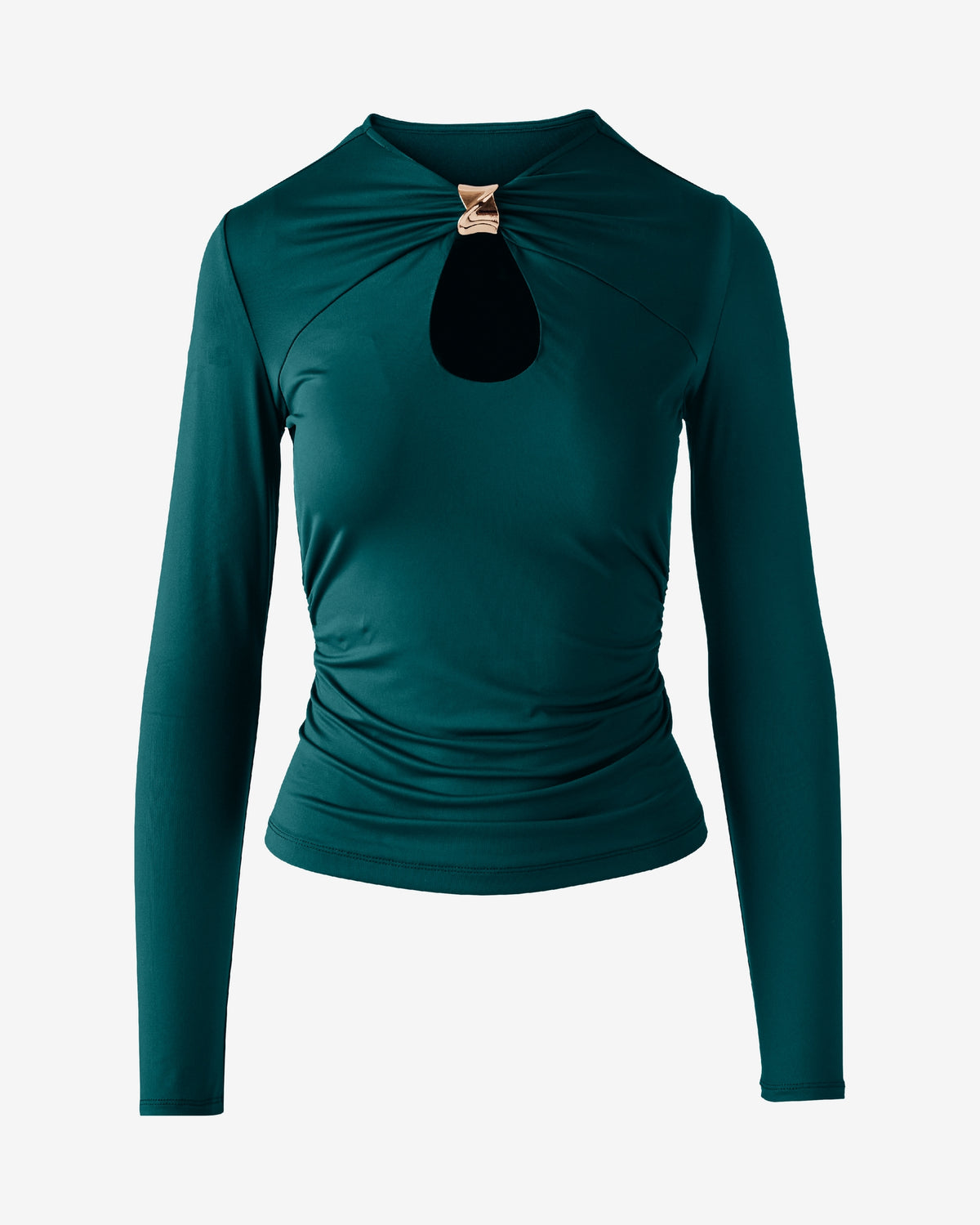 Long Sleeve Keyhole Top With Metal Trim Deep Teal