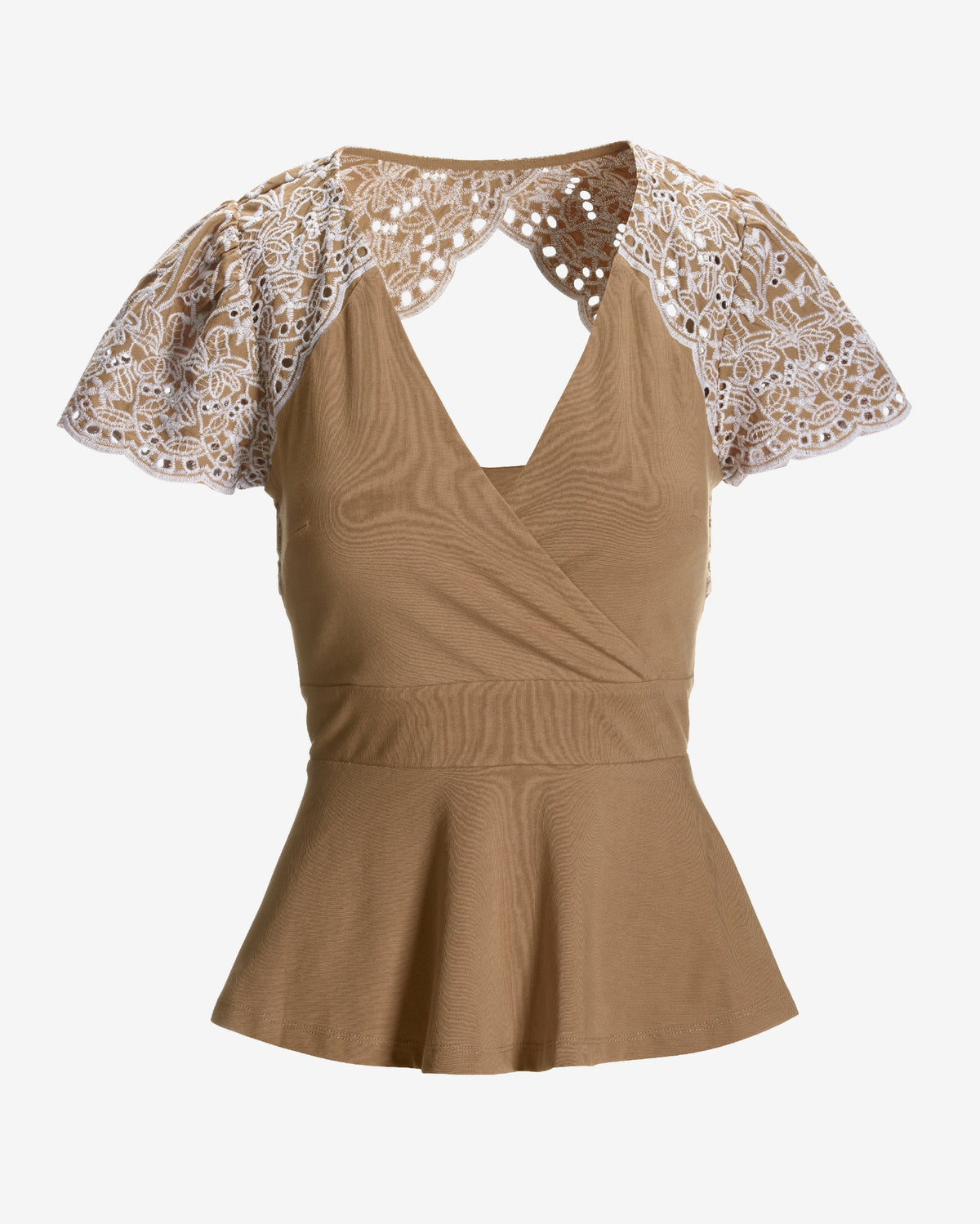 Peplum Eyelet Short Sleeve Knit Top Suntan